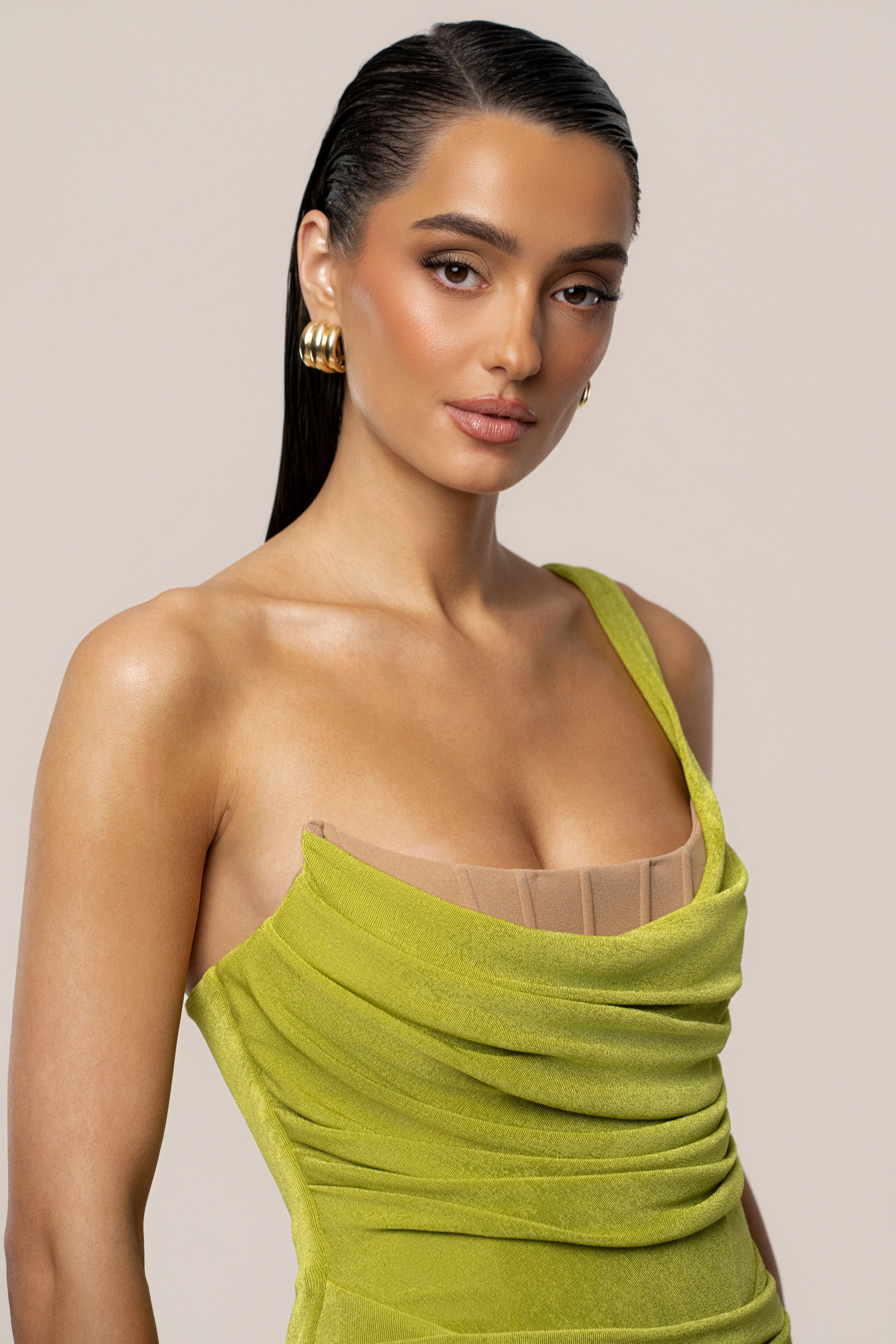 Lime Green Slinky Krishna One Shoulder Maxi Dress - Image 3