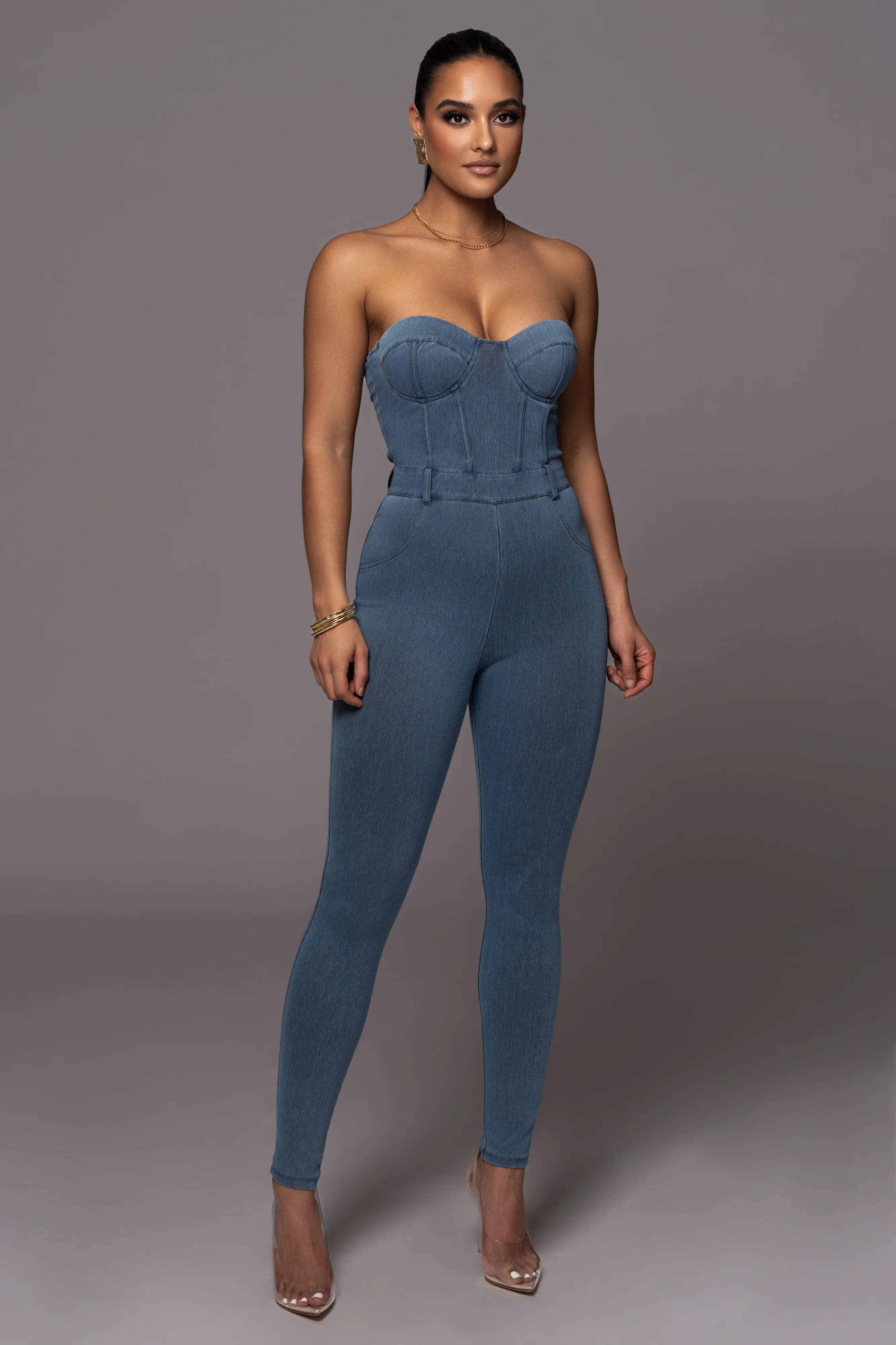 Medium Wash Denim Diya Bustier Jumpsuit - Image 12
