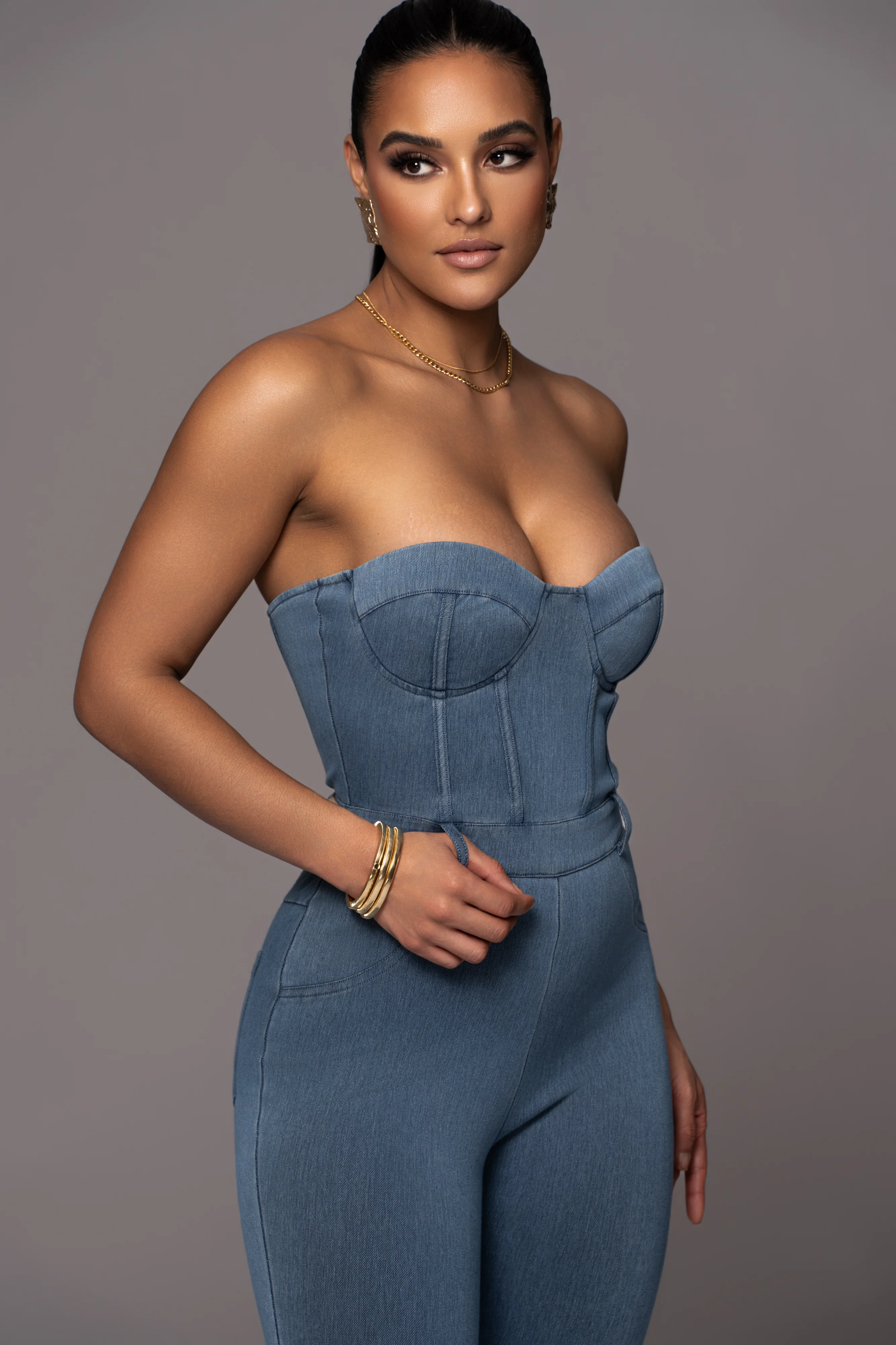 Medium Wash Denim Diya Bustier Jumpsuit - Image 13