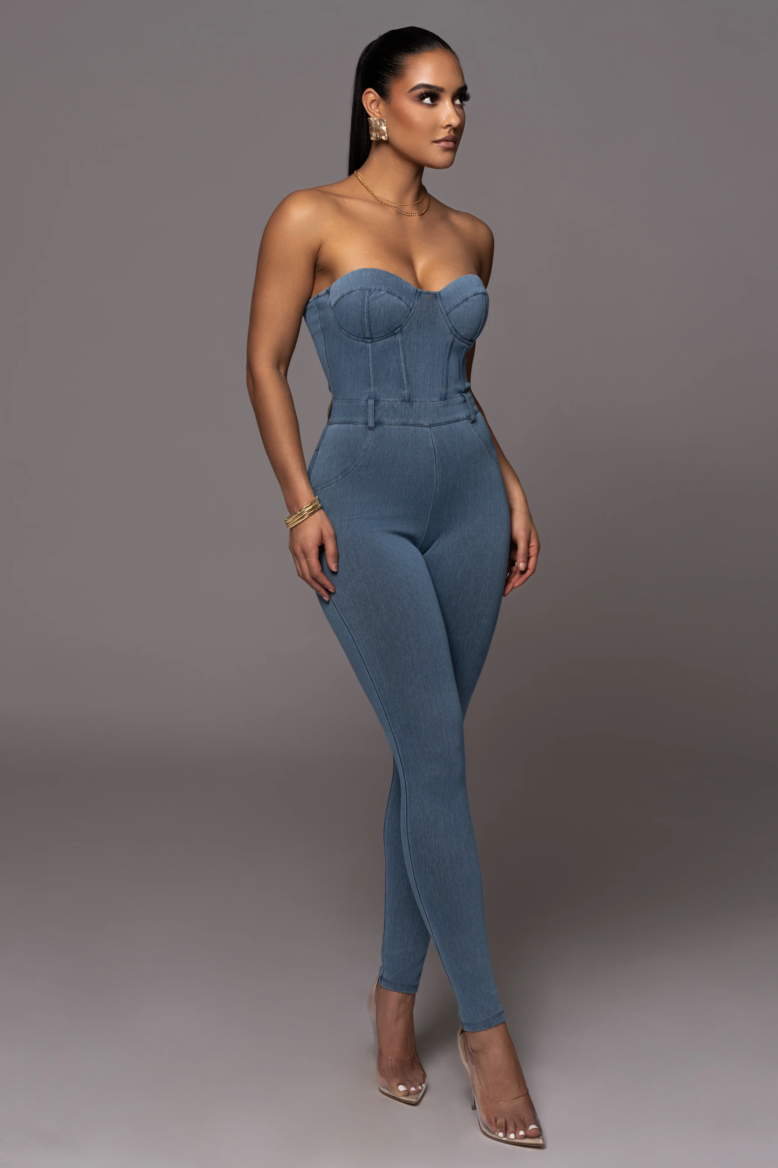 Medium Wash Denim Diya Bustier Jumpsuit - Image 15