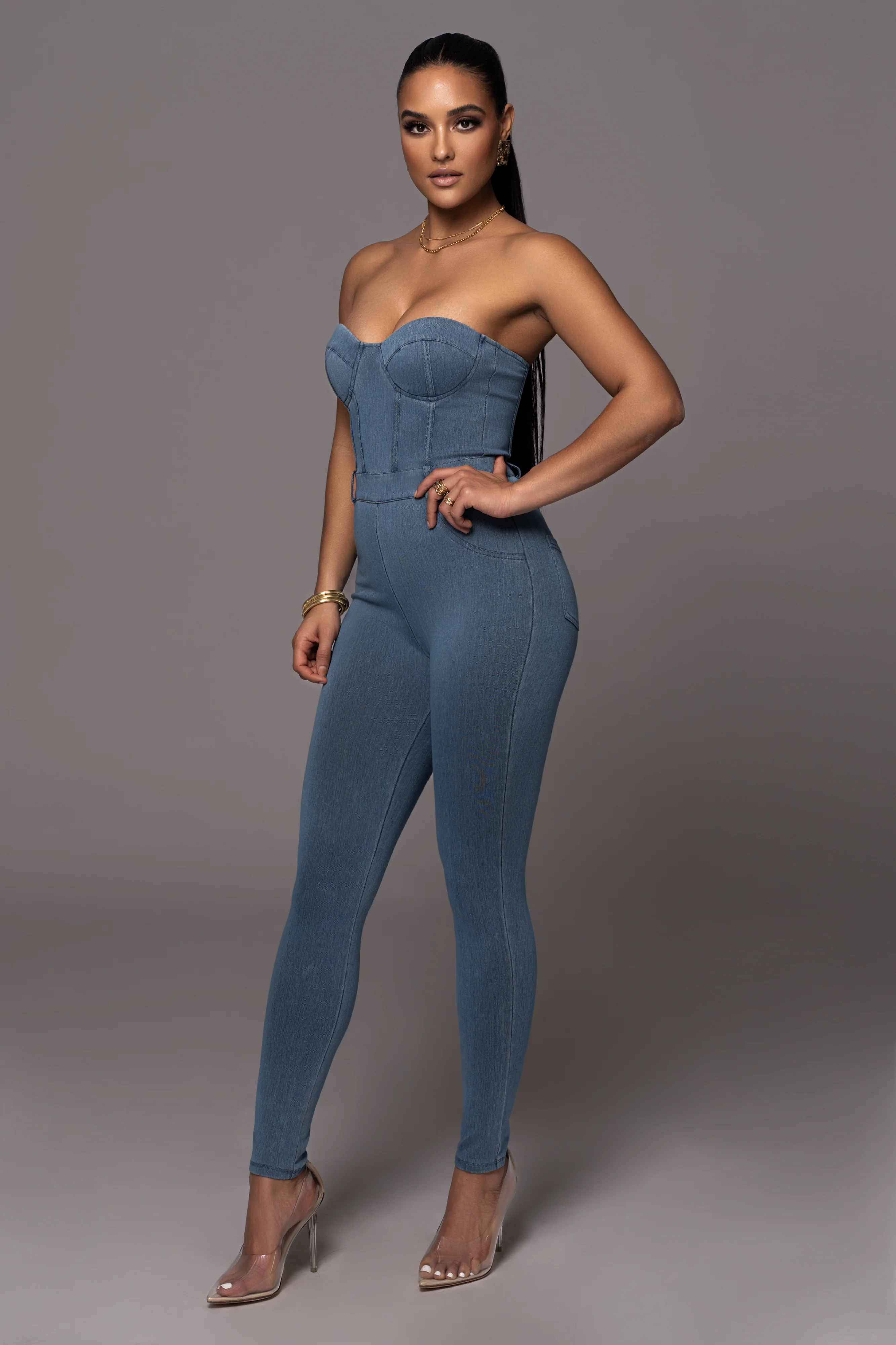 Medium Wash Denim Diya Bustier Jumpsuit - Image 17