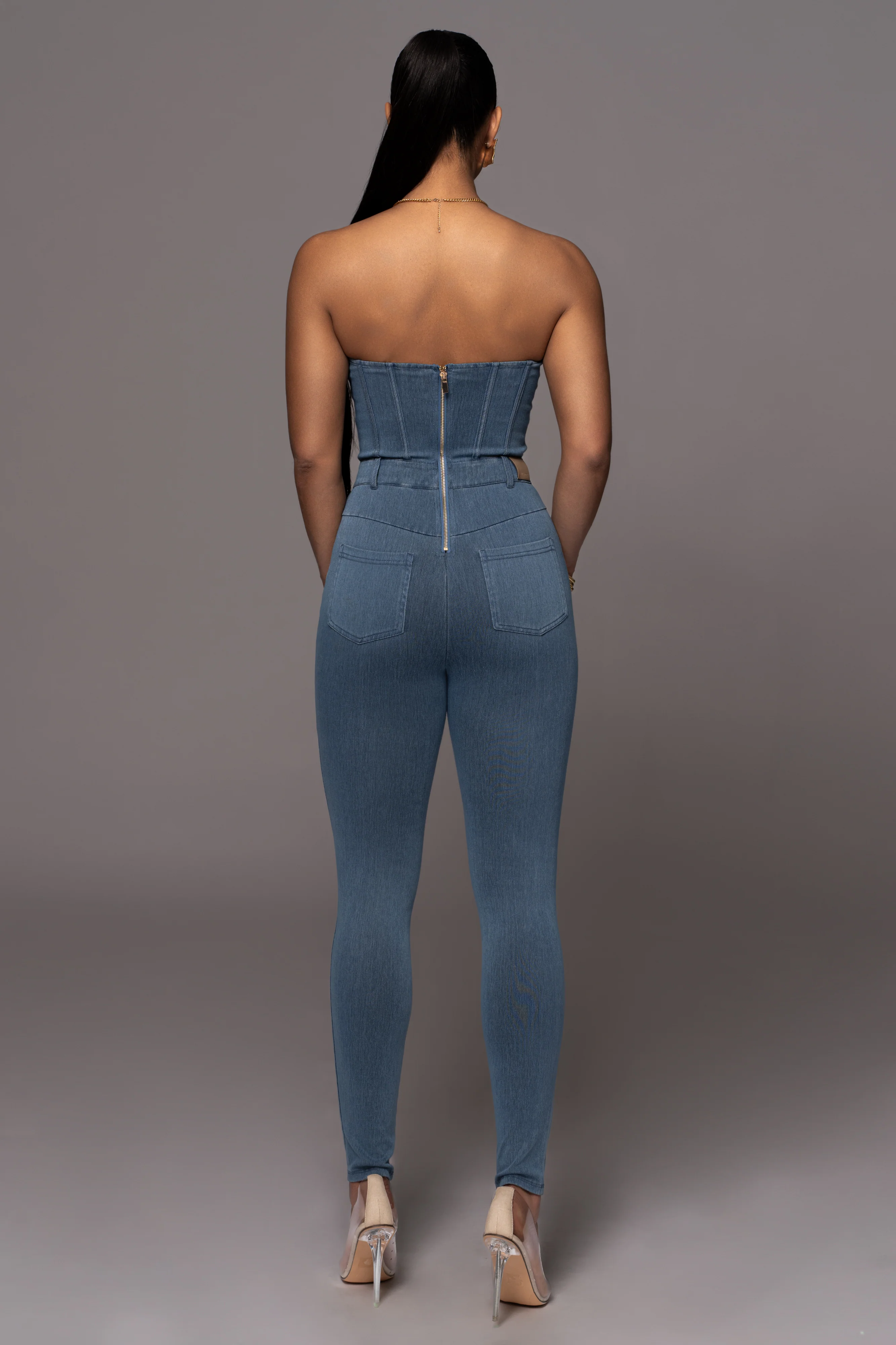 Medium Wash Denim Diya Bustier Jumpsuit - Image 24