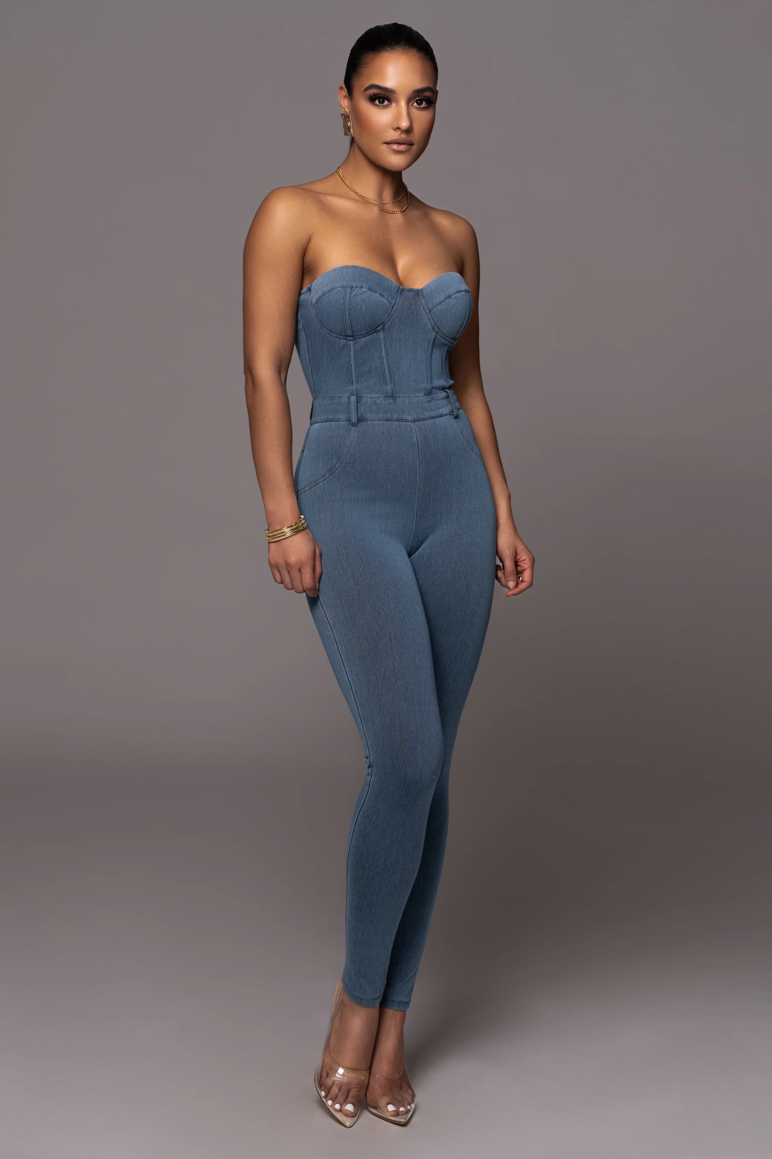 Medium Wash Denim Diya Bustier Jumpsuit - Image 4