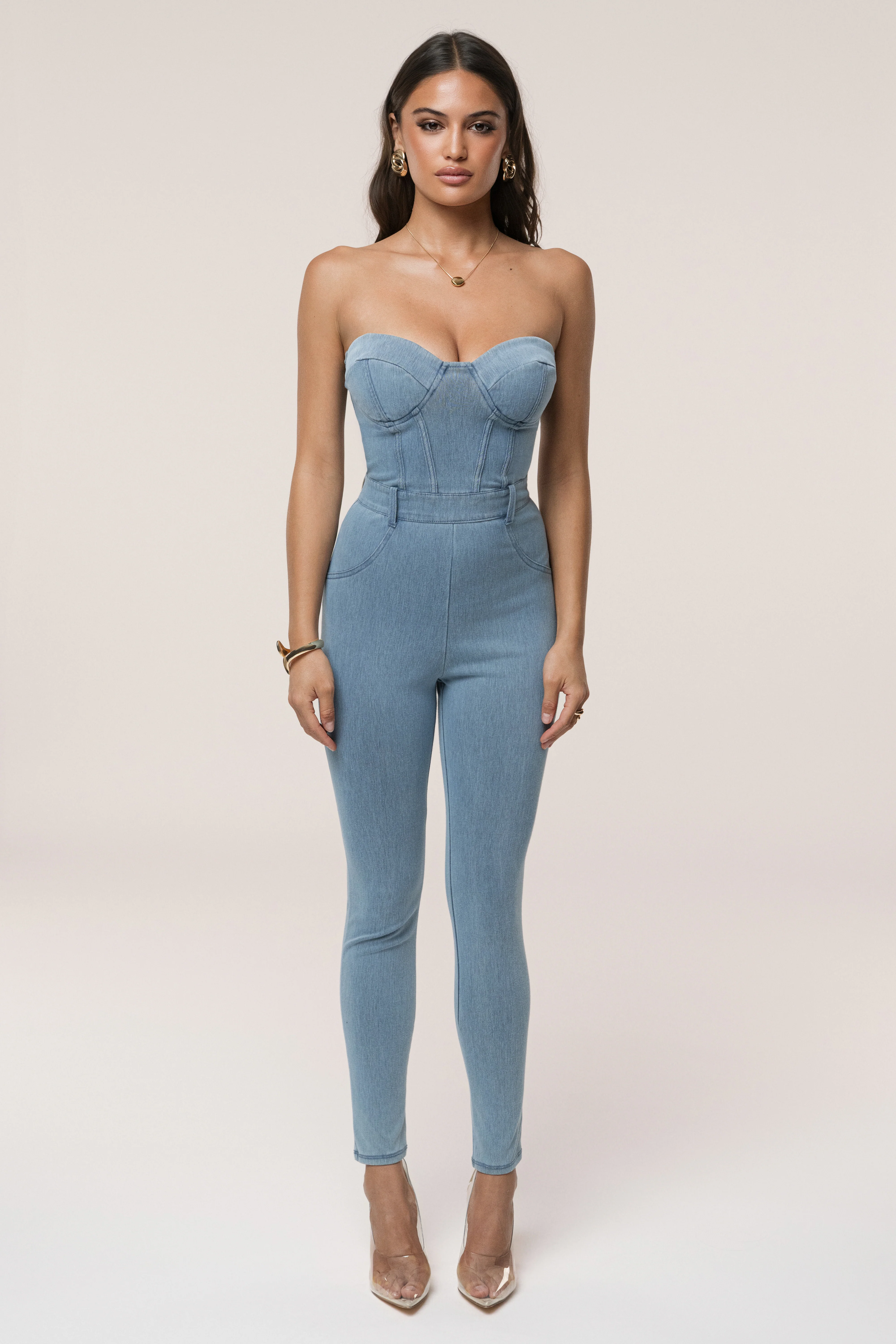 Medium Wash Denim Diya Bustier Jumpsuit - Image 7