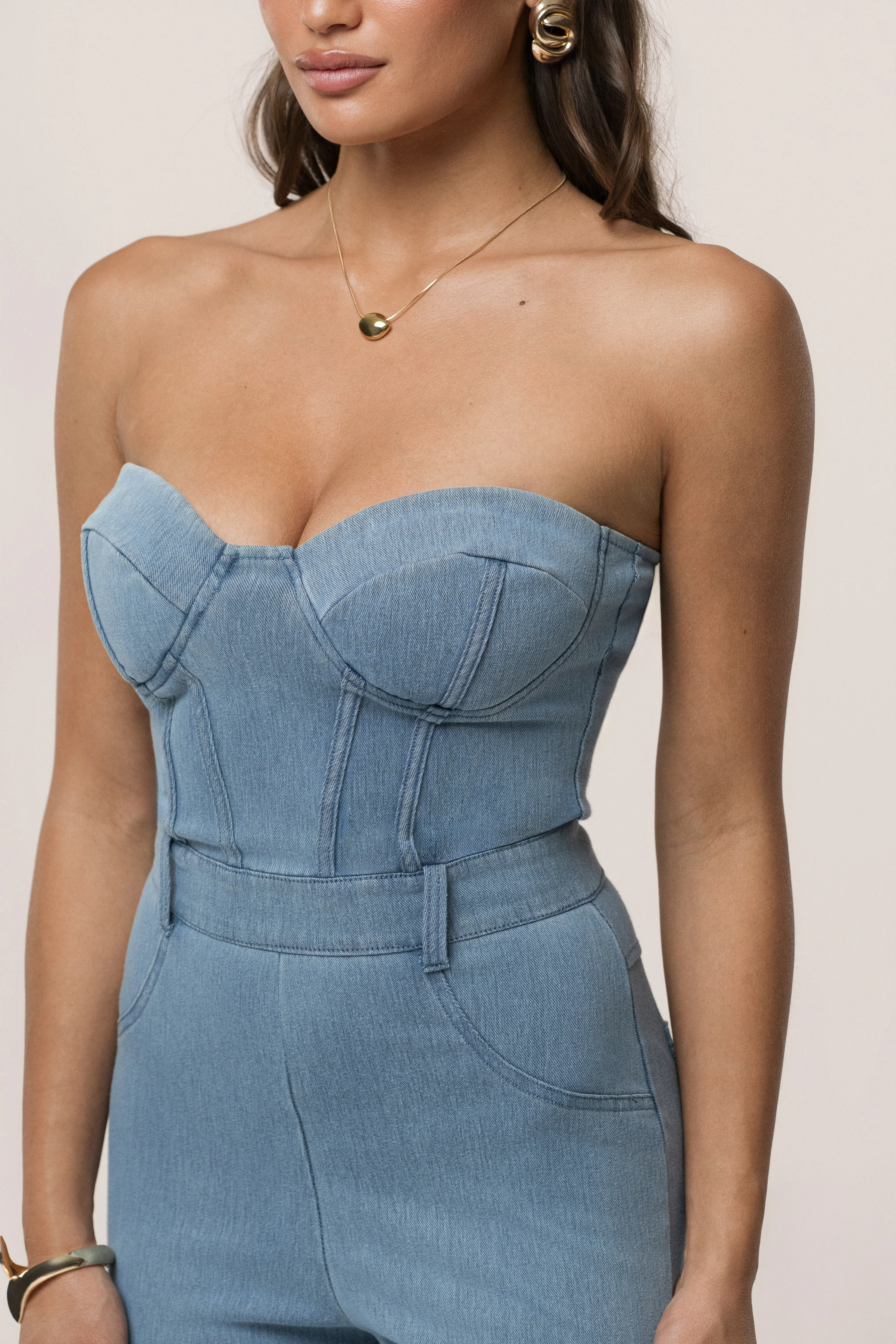 Medium Wash Denim Diya Bustier Jumpsuit - Image 9