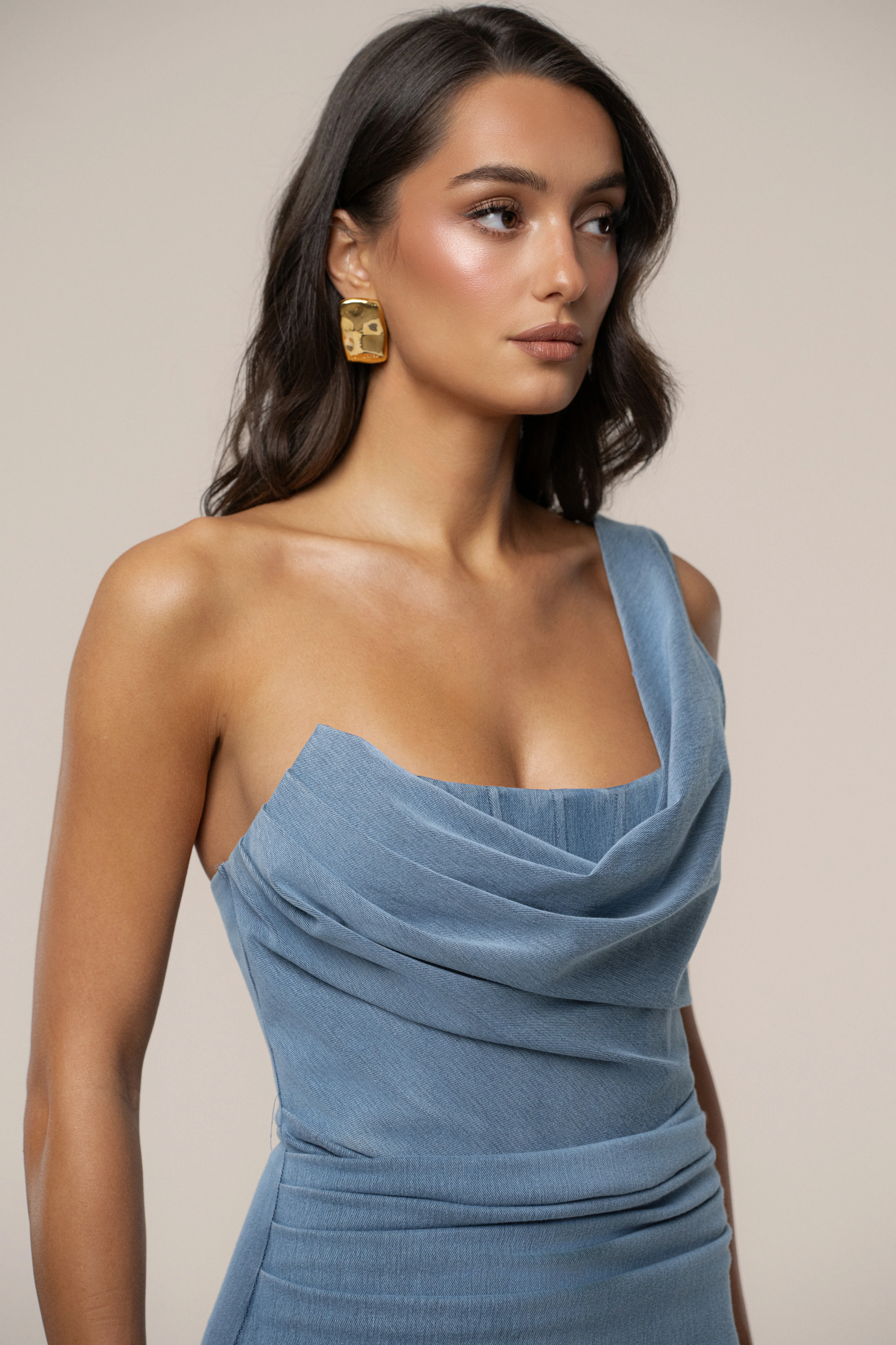 Medium Wash Denim Krishna One Shoulder Maxi Dress - Image 4