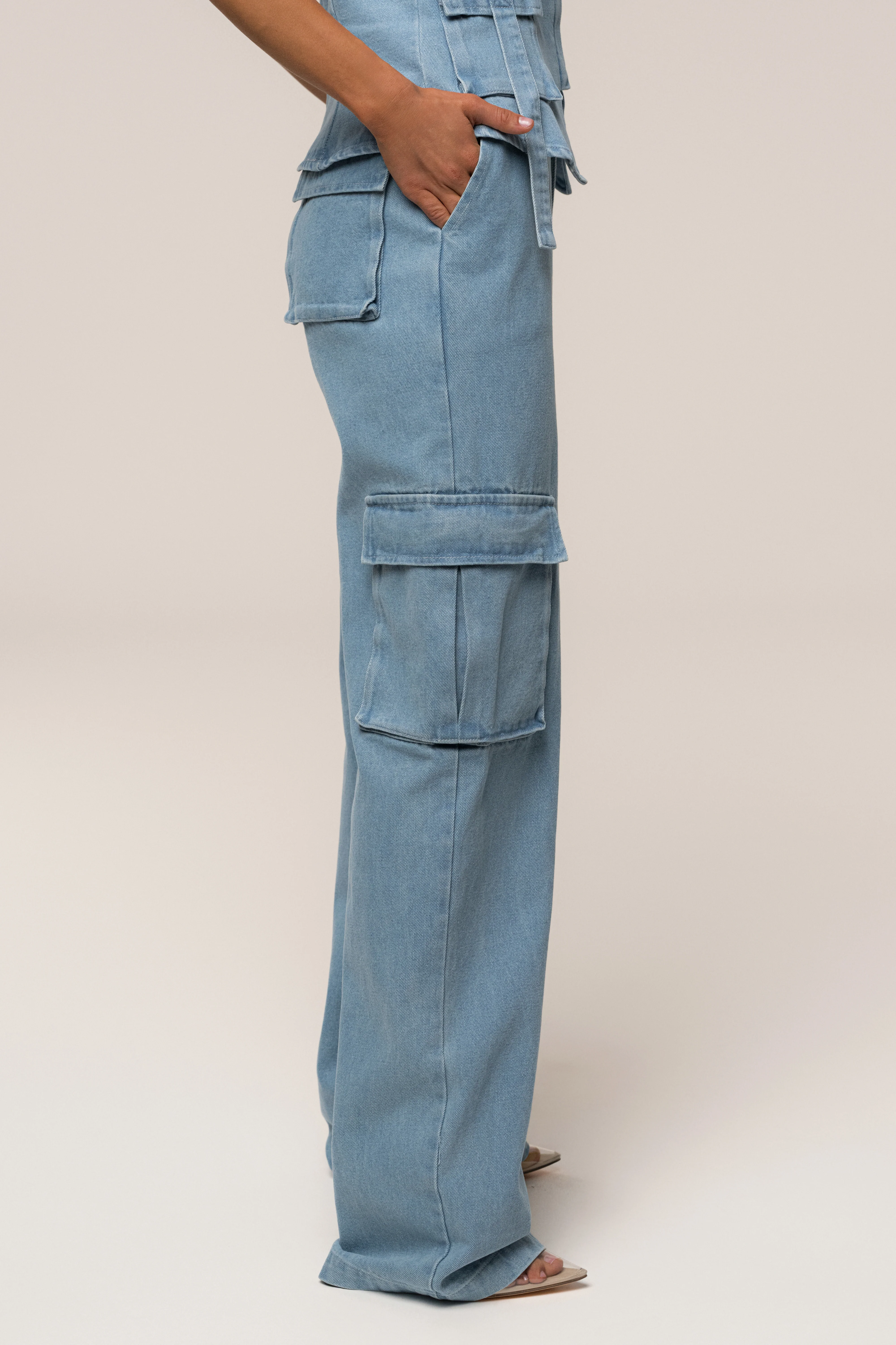 Medium Wash Denim Utility Cargo Pants - Image 10