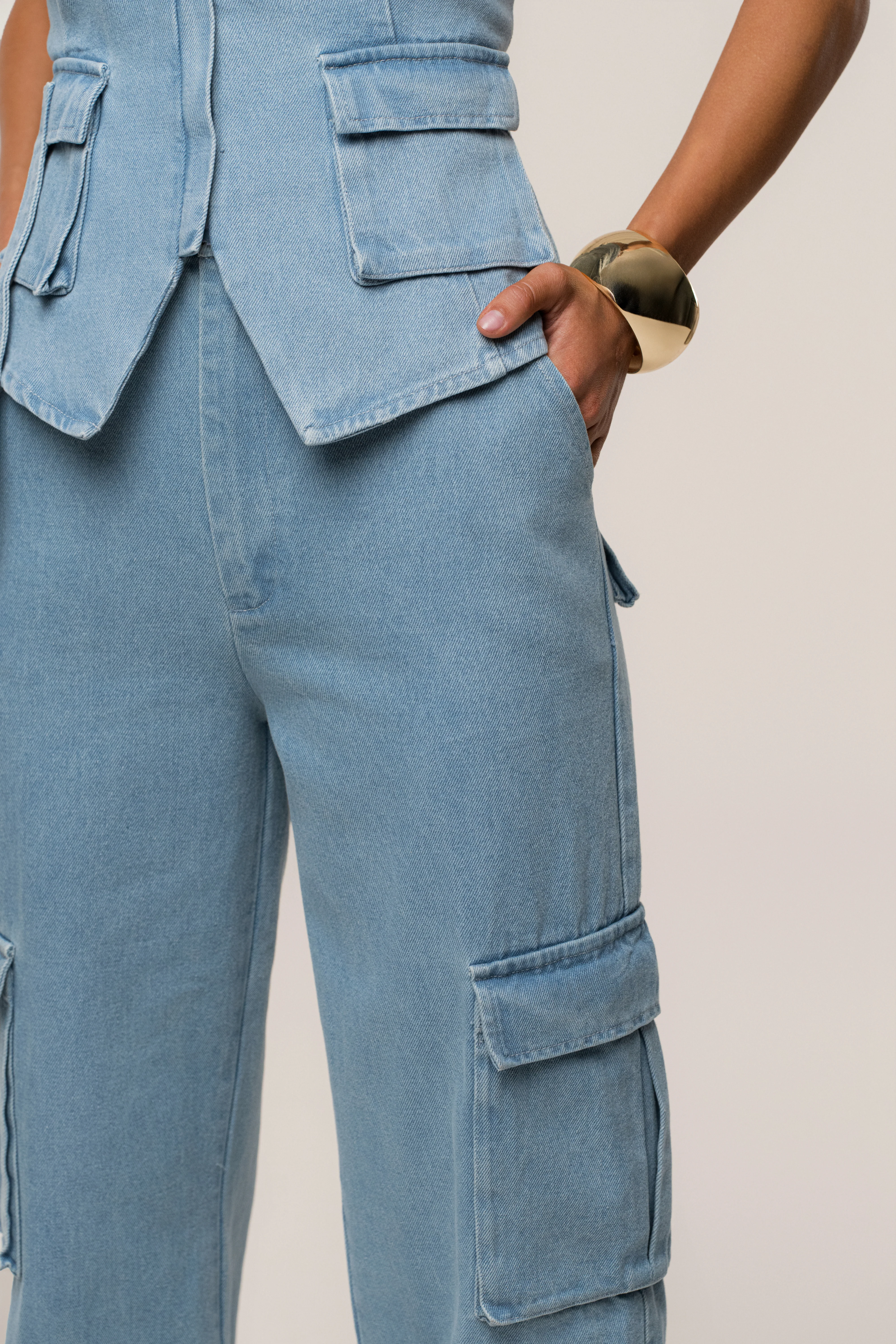 Medium Wash Denim Utility Cargo Pants - Image 14