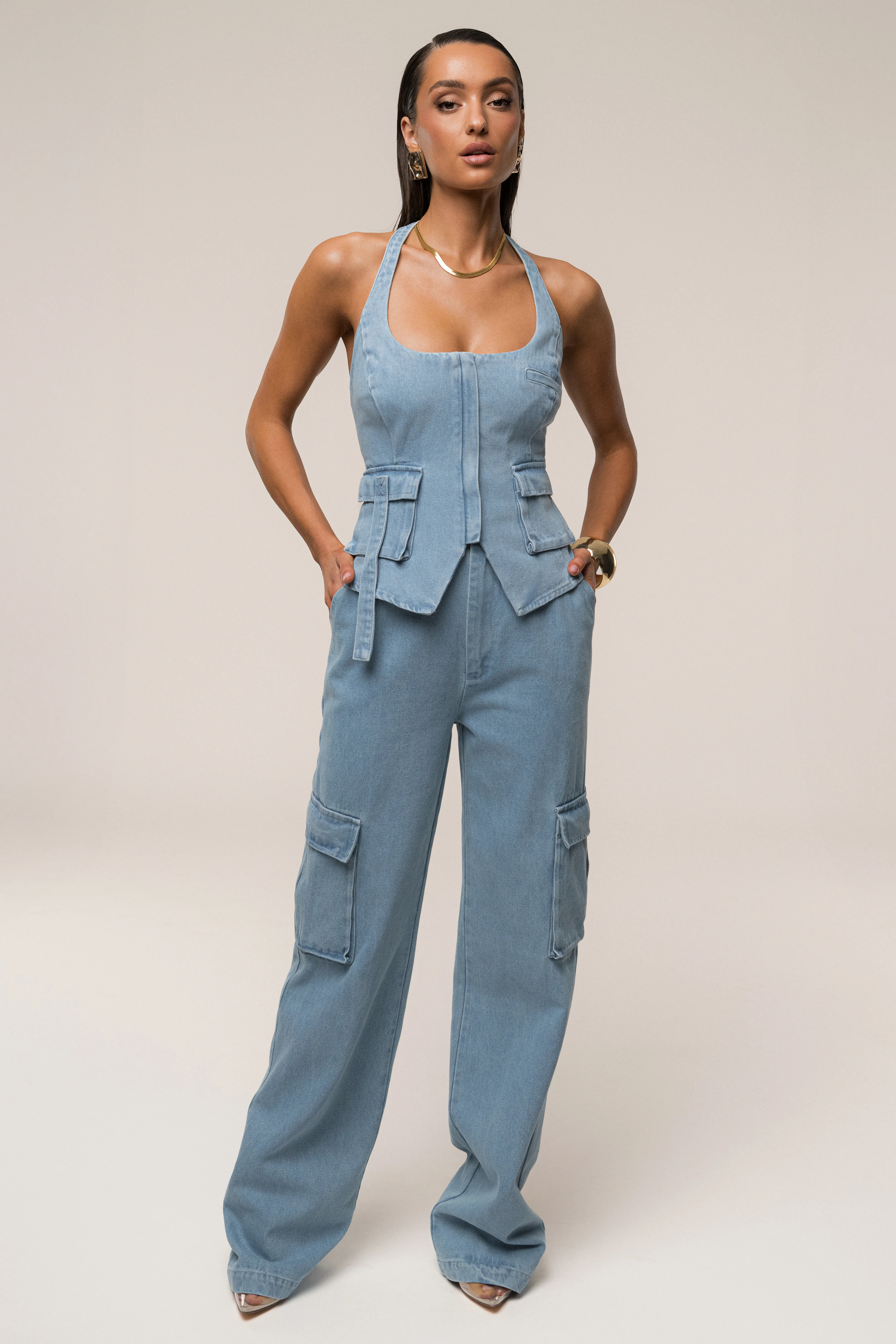 Medium Wash Denim Utility Cargo Pants - Image 5
