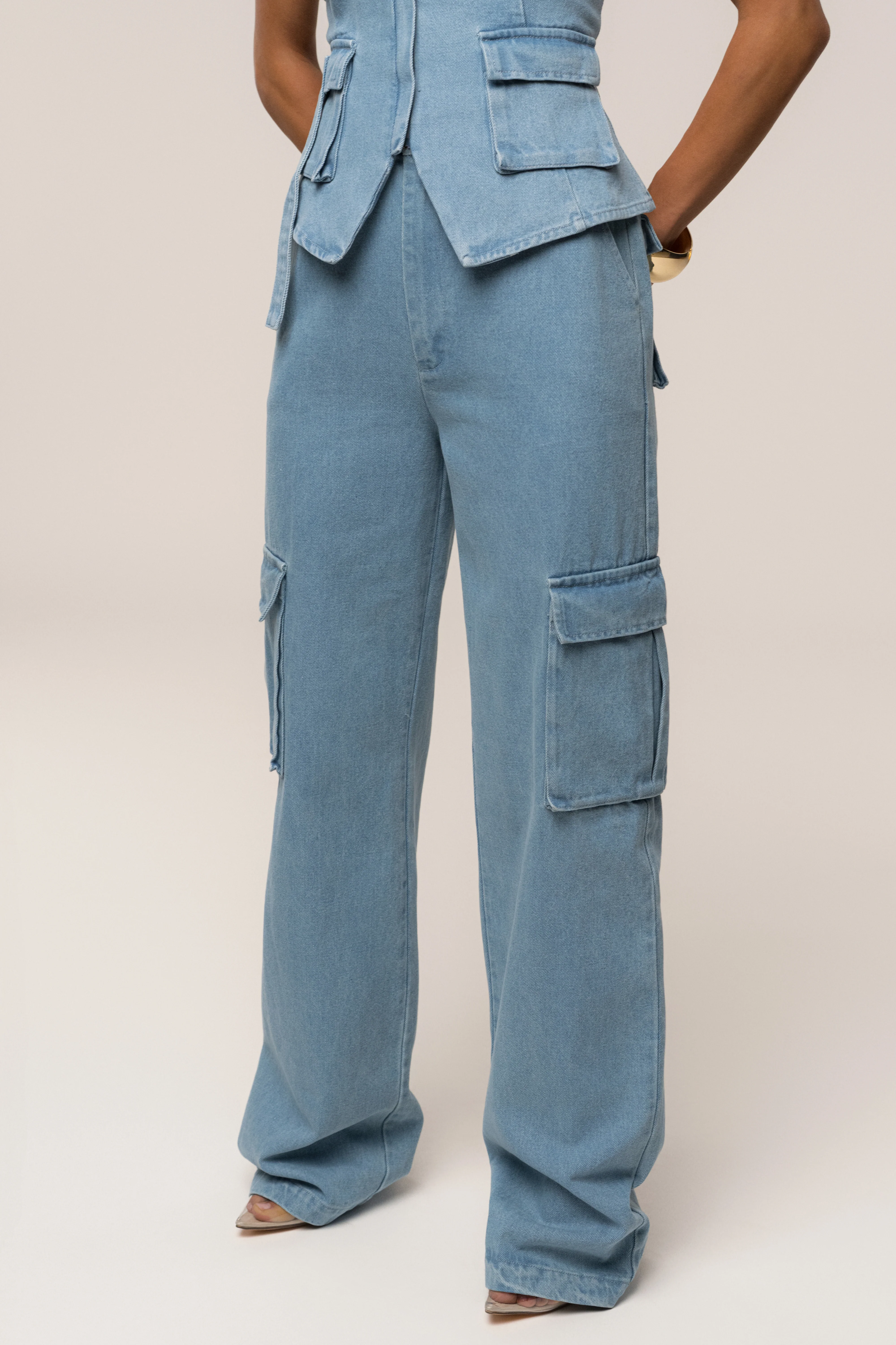Medium Wash Denim Utility Cargo Pants - Image 7