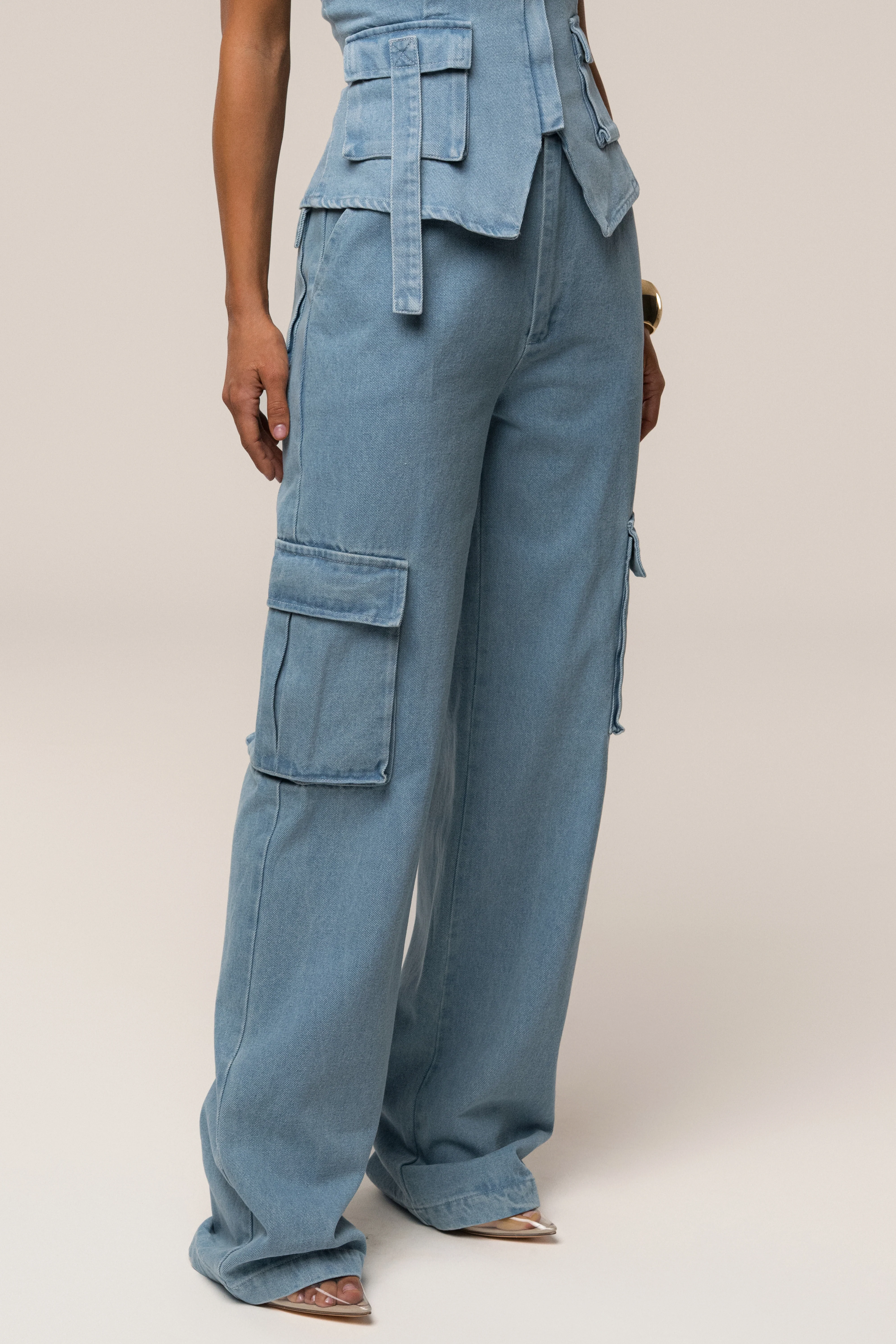 Medium Wash Denim Utility Cargo Pants - Image 8