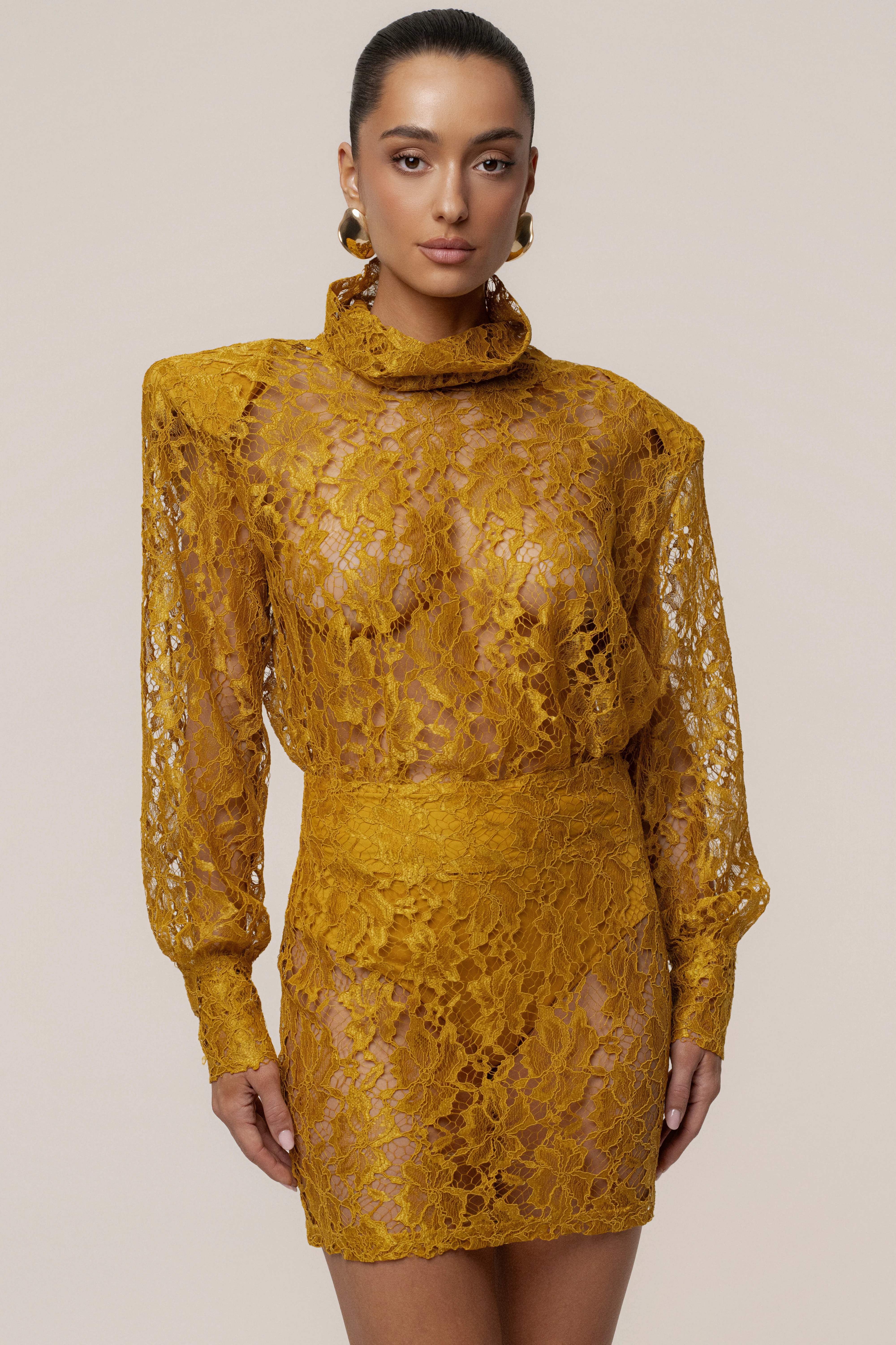 Mustard Devotion Lace Bodysuit & Skirt Set - Image 3