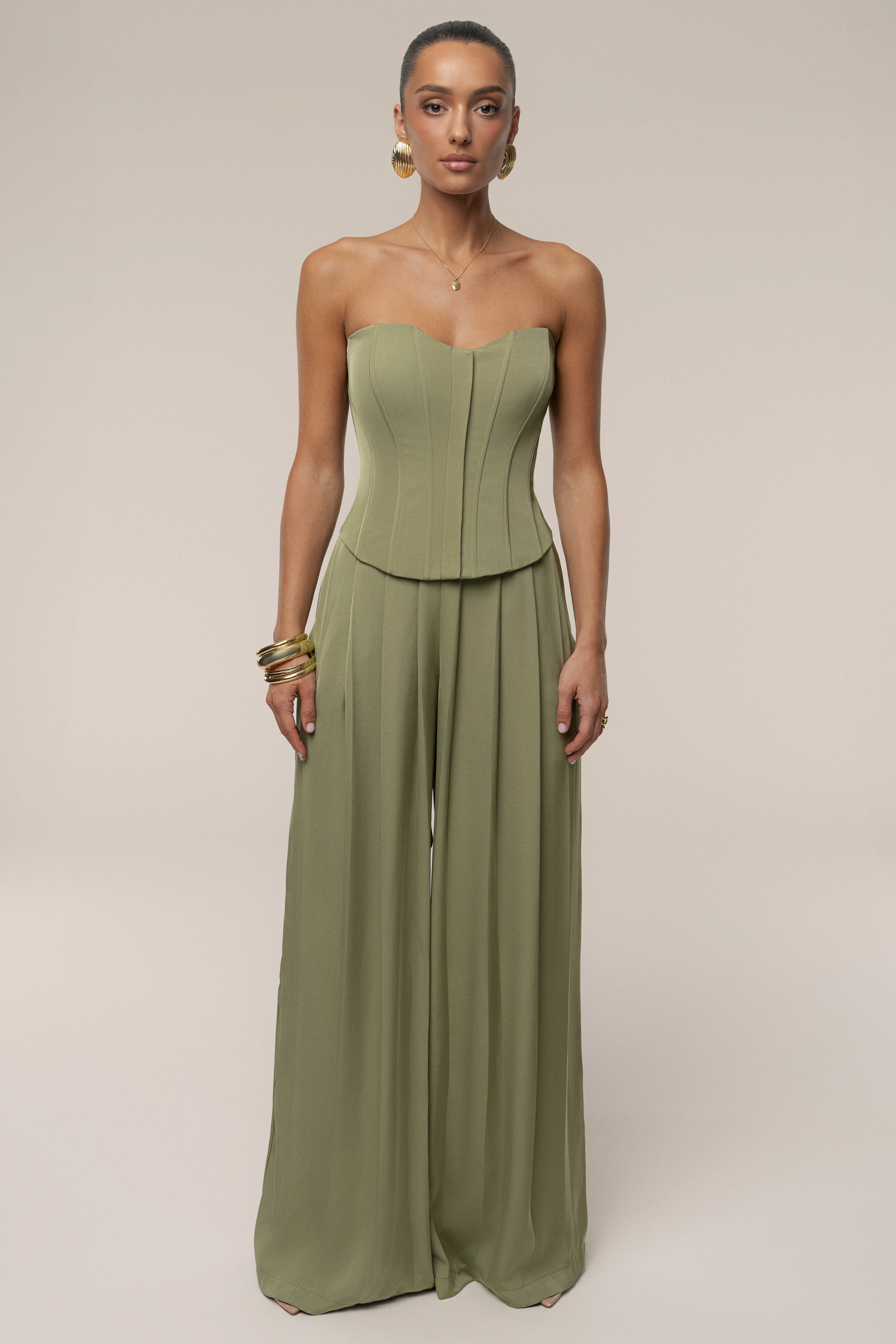 Olive Clara Wide Leg Pleated Trousers - Image 3