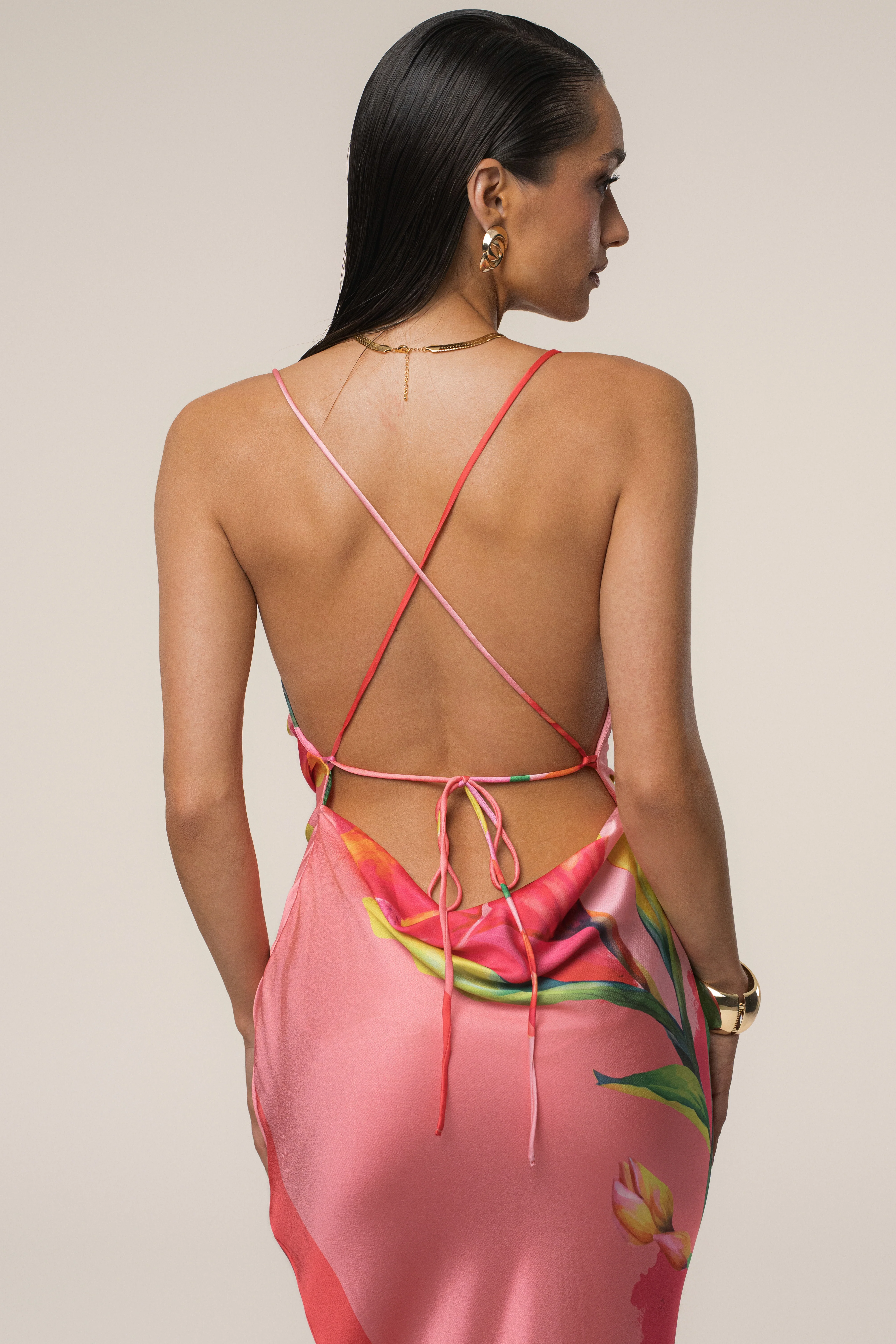 Pink Satin Floral Print Maxi Dress - Image 11