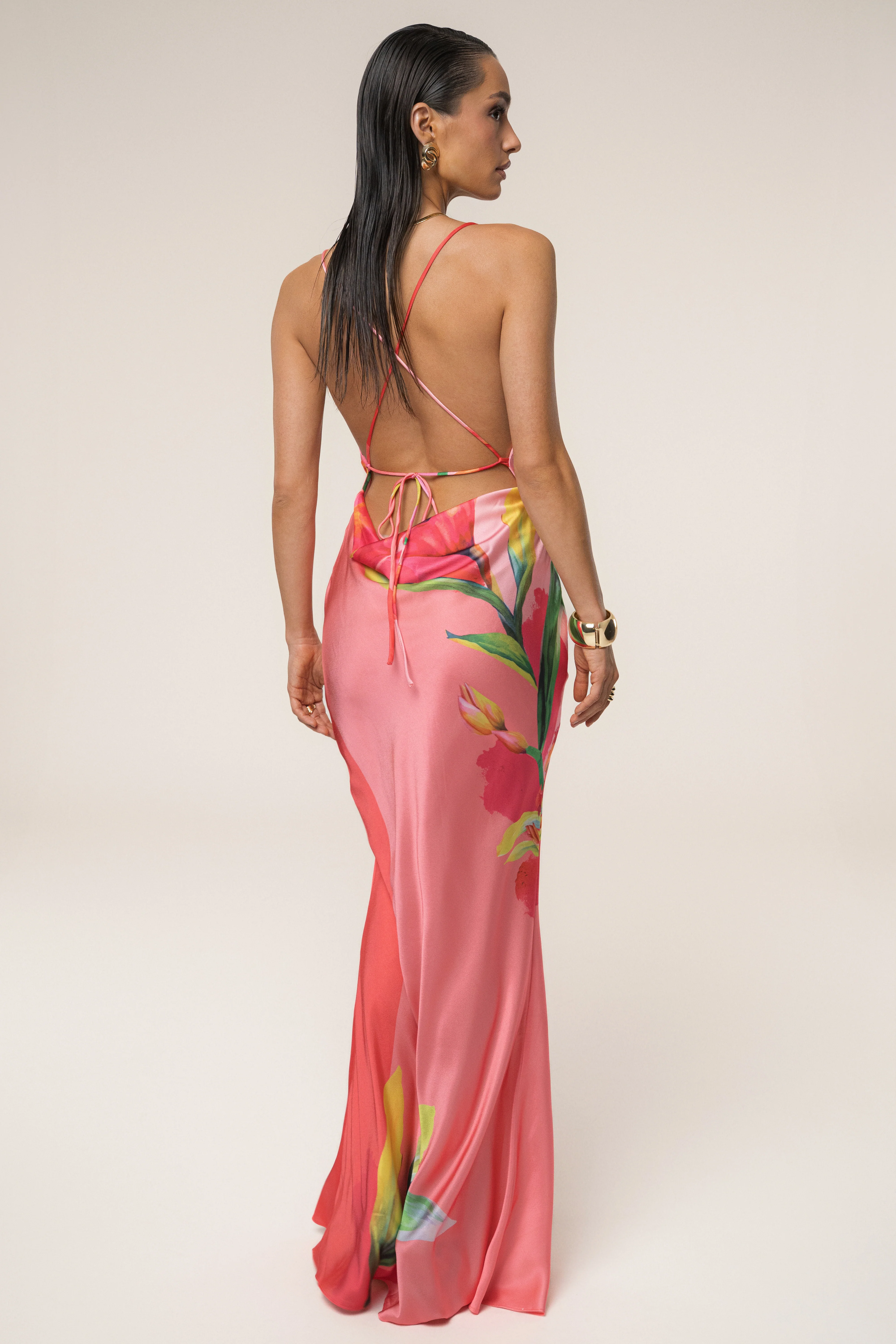 Pink Satin Floral Print Maxi Dress - Image 2