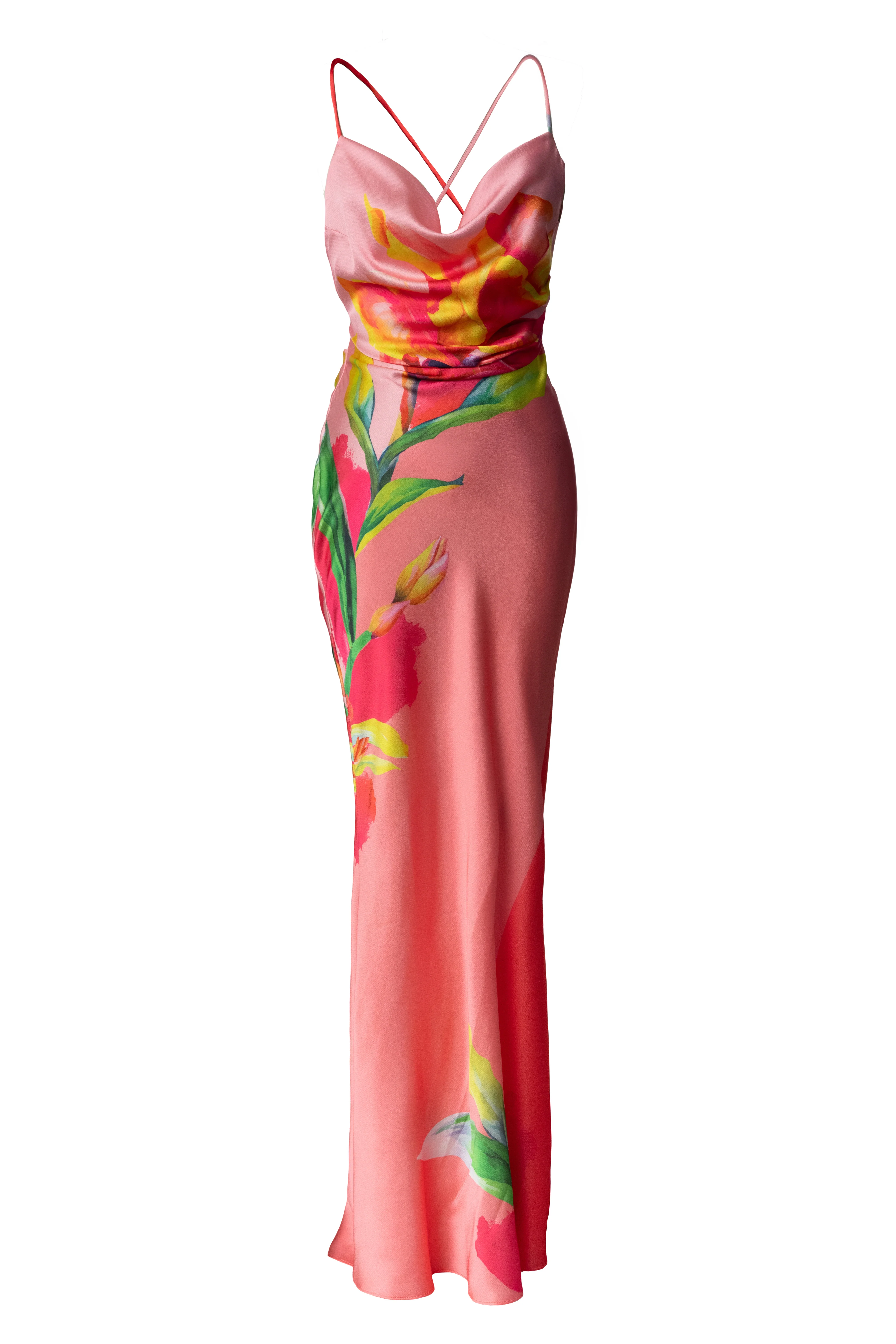 Pink Satin Floral Print Maxi Dress - Image 3