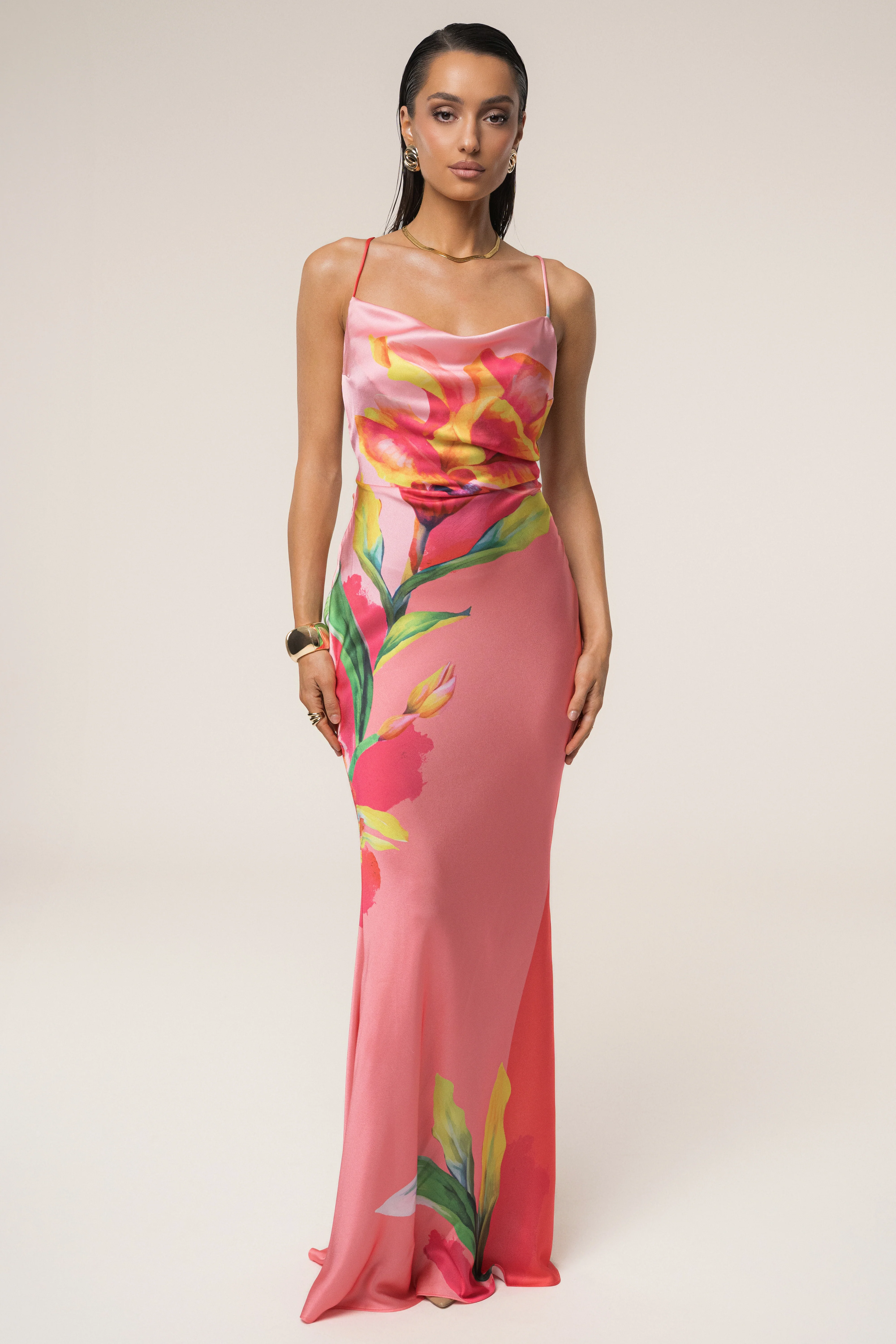 Pink Satin Floral Print Maxi Dress - Image 5