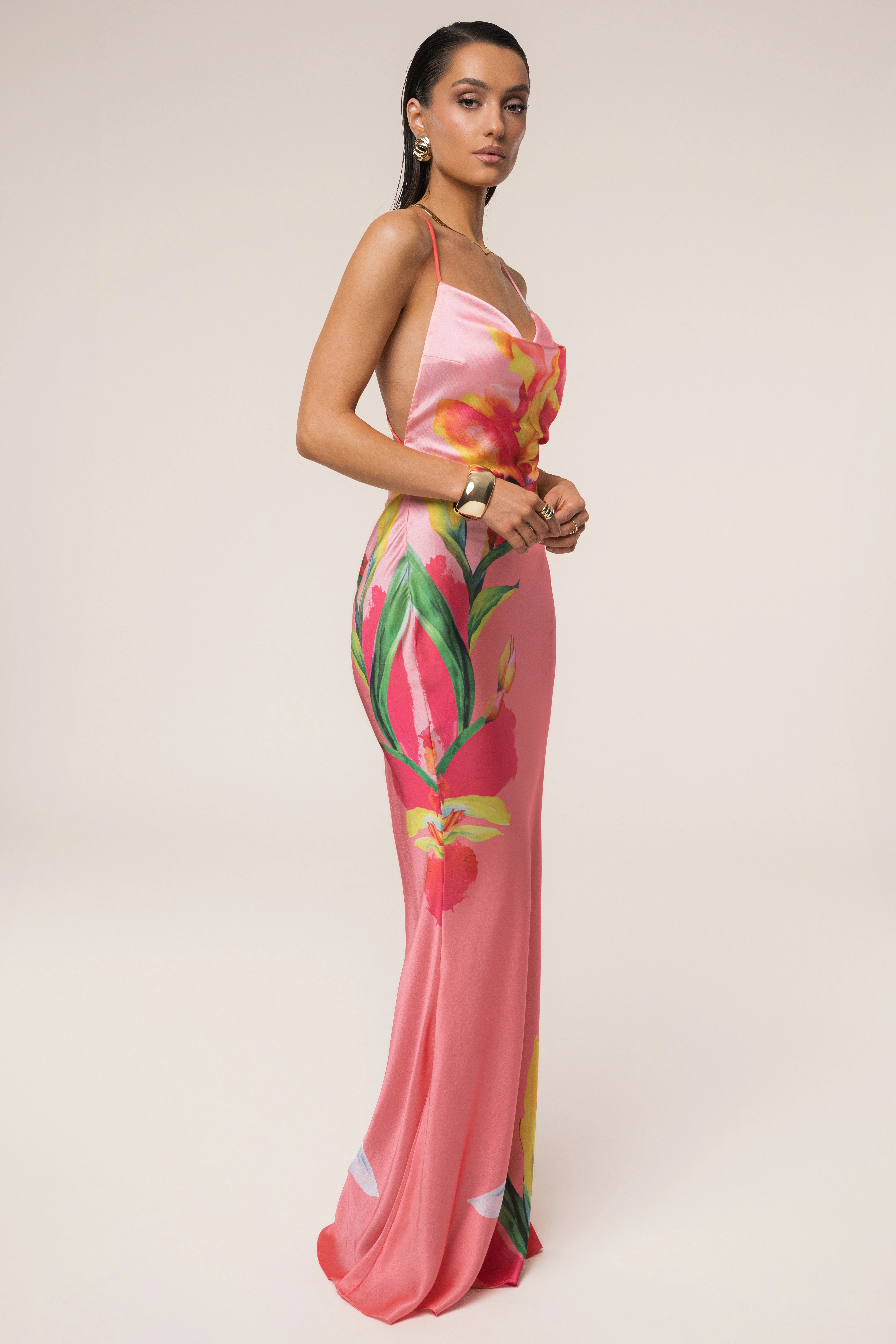 Pink Satin Floral Print Maxi Dress - Image 7
