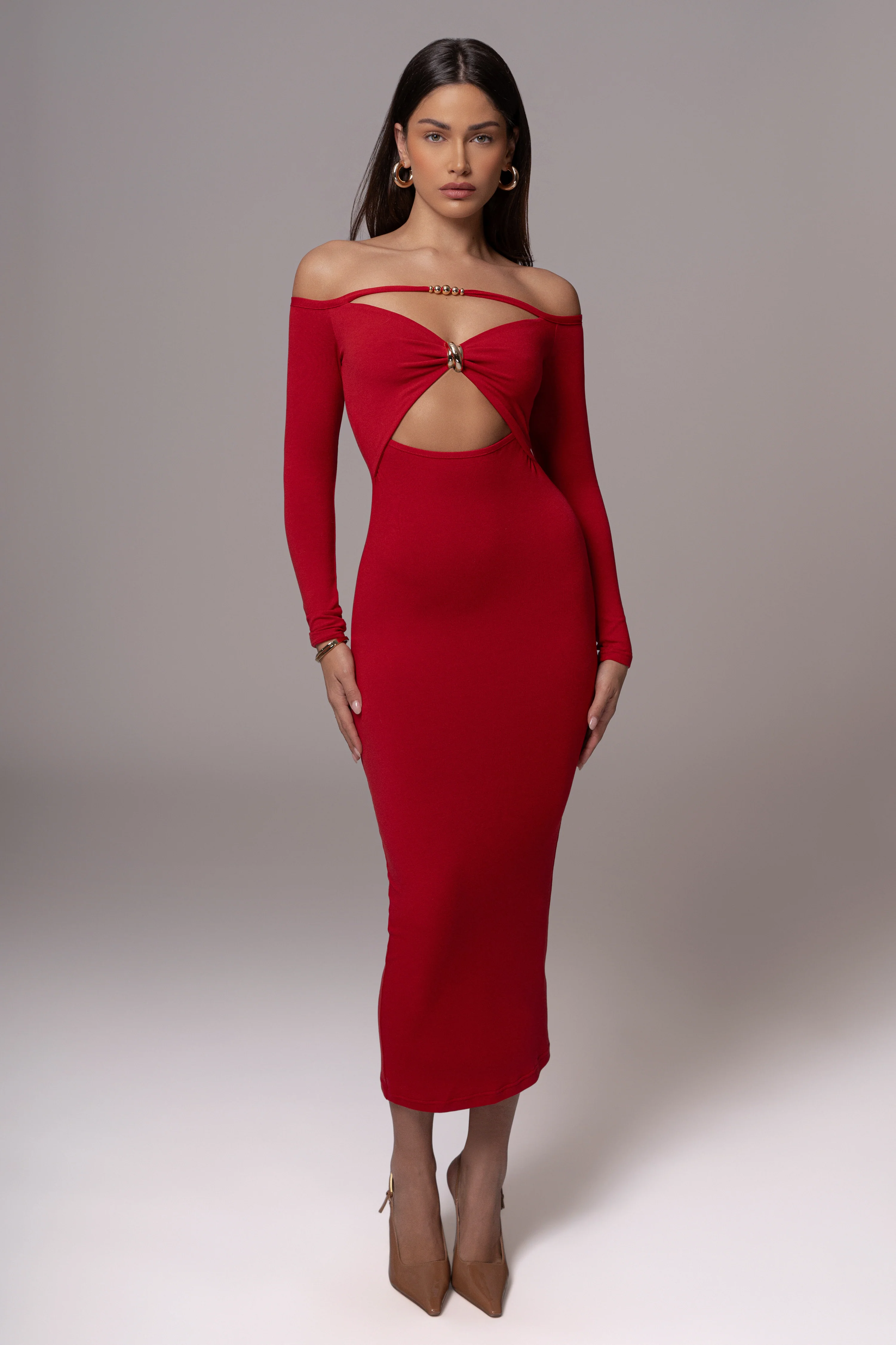 Red Off Shoulder Cutout Dress - Image 4