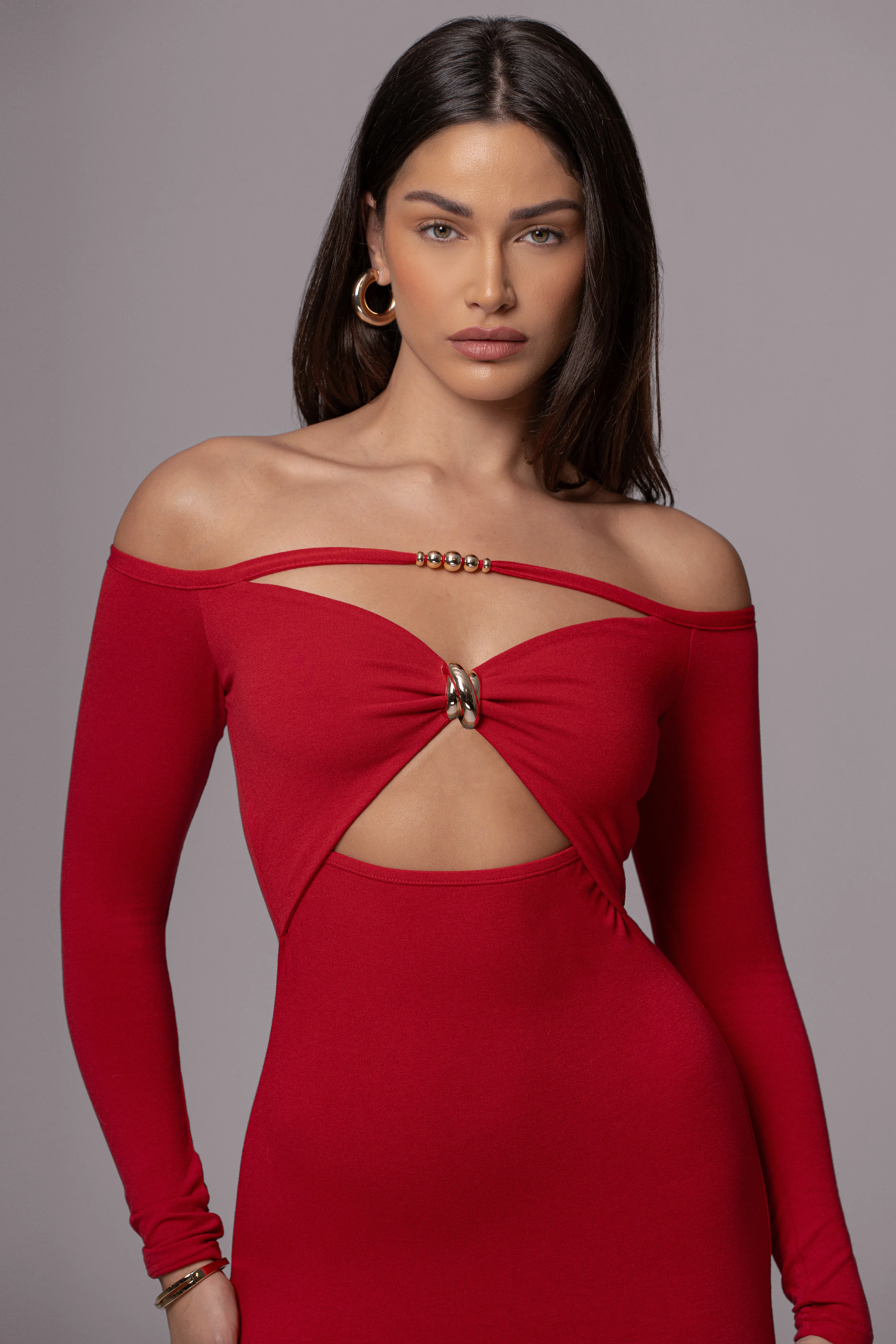 Red Off Shoulder Cutout Dress - Image 5