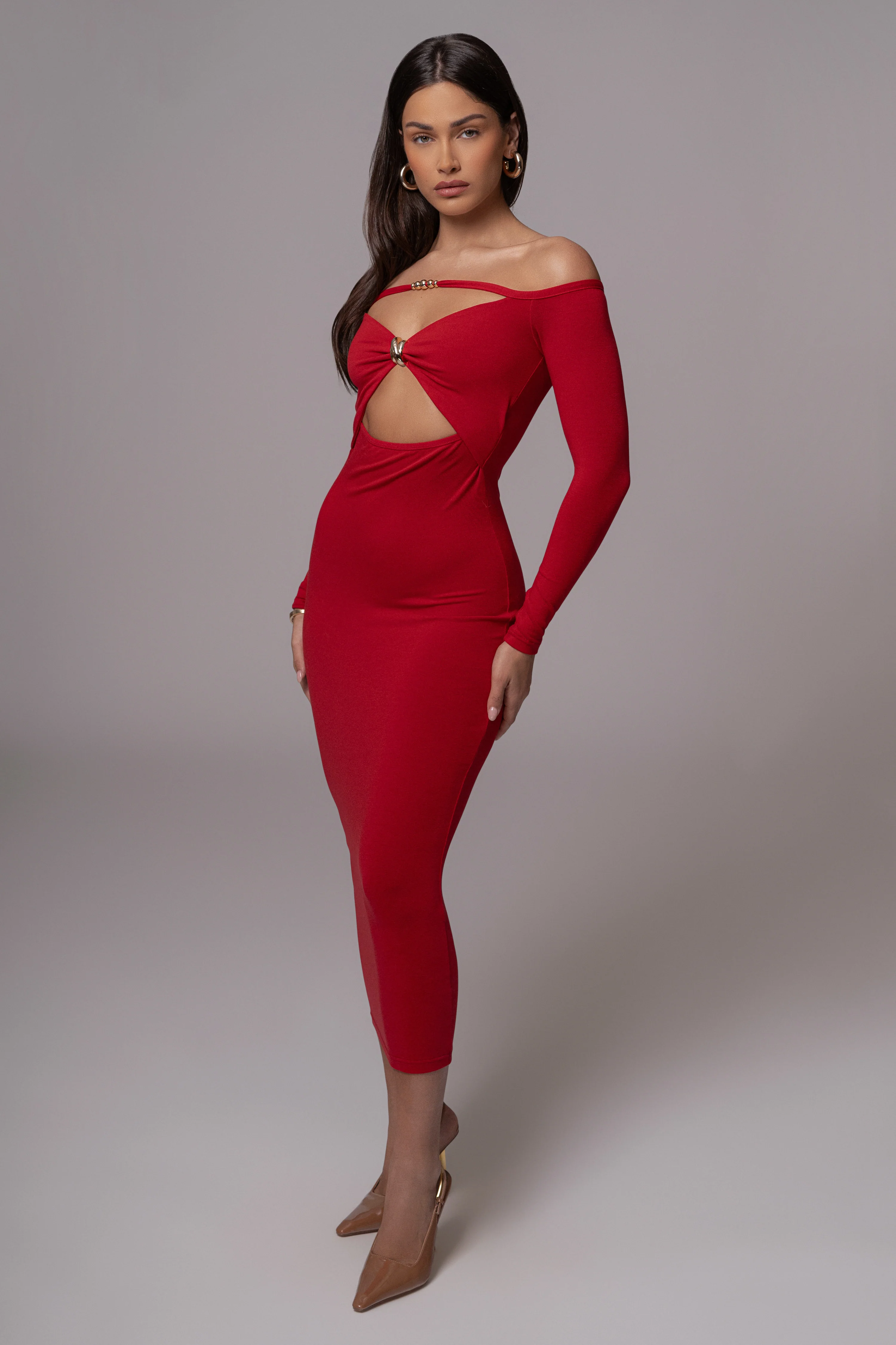 Red Off Shoulder Cutout Dress - Image 7