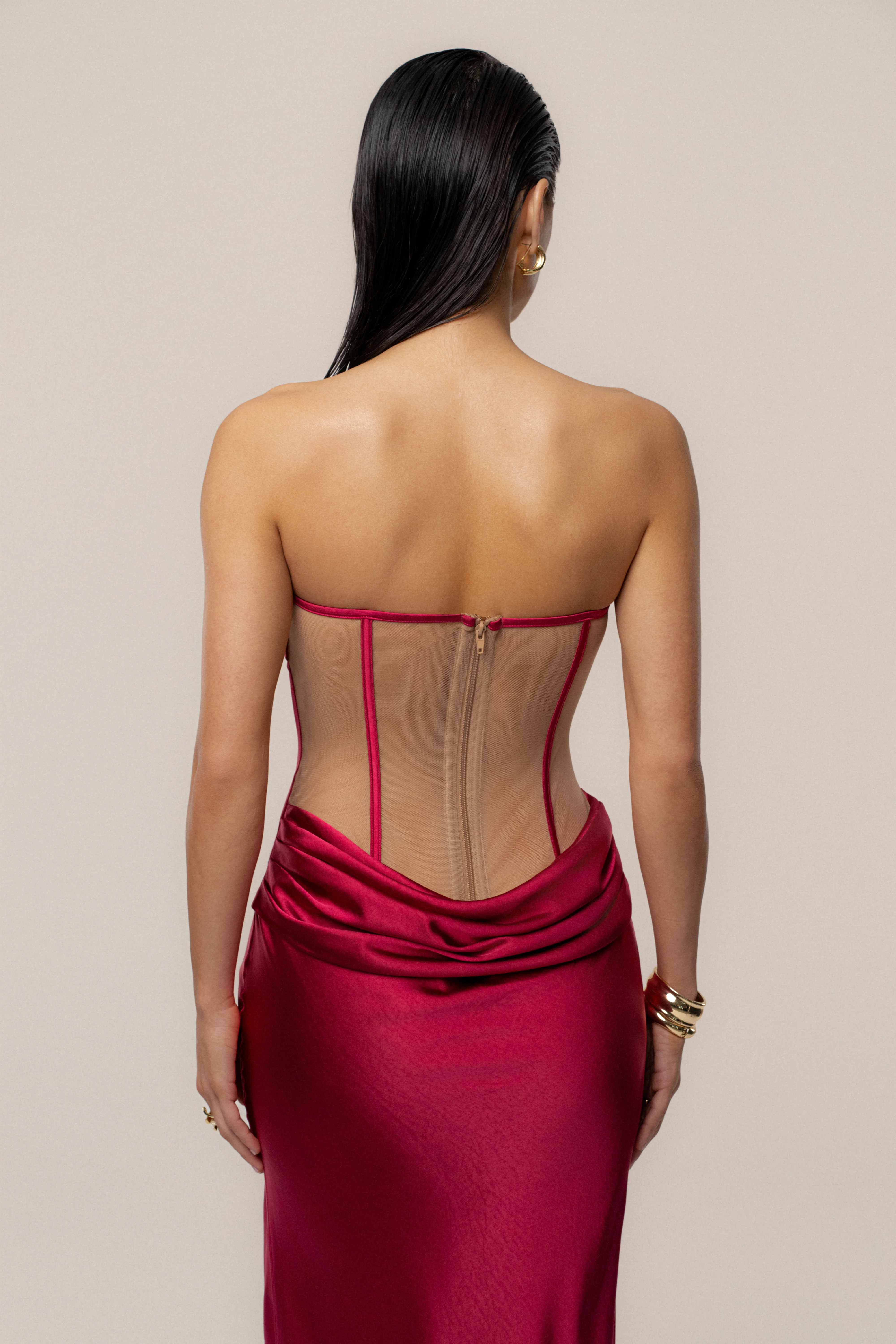 Red Regal Rising Satin Maxi Dress - Image 3