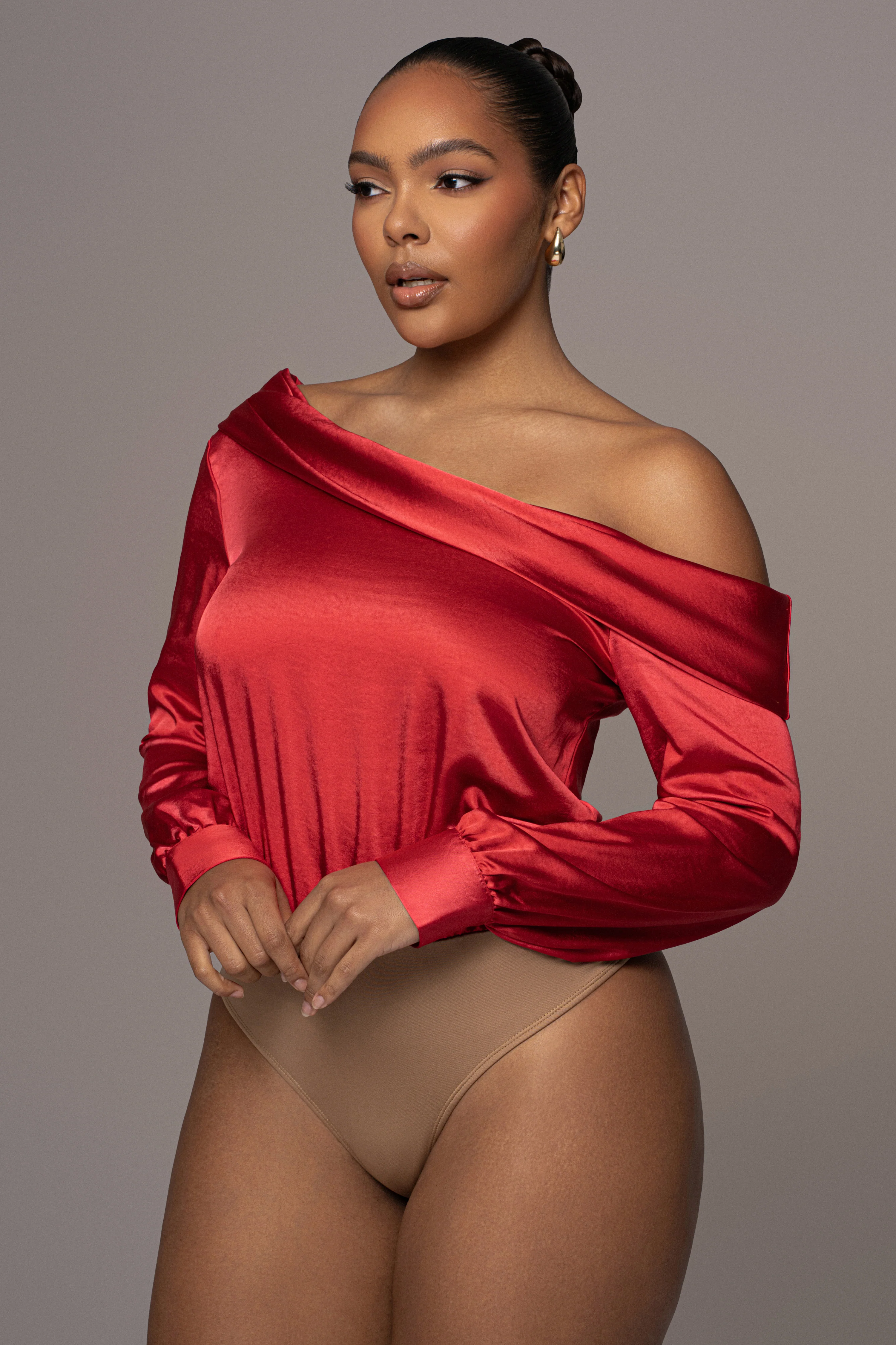 Red Satin Rima Asymmetrical Bodysuit - Image 10