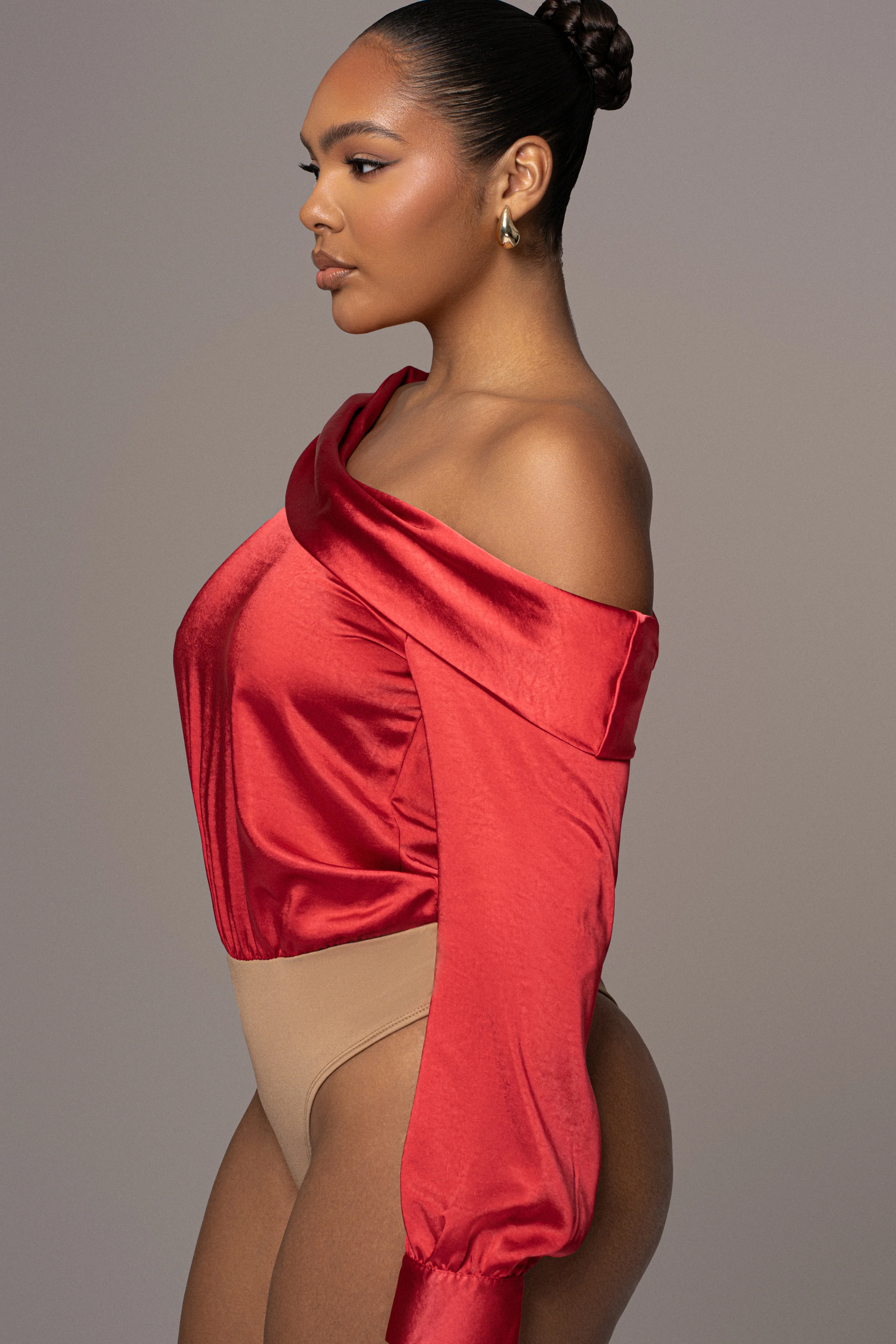 Red Satin Rima Asymmetrical Bodysuit - Image 11