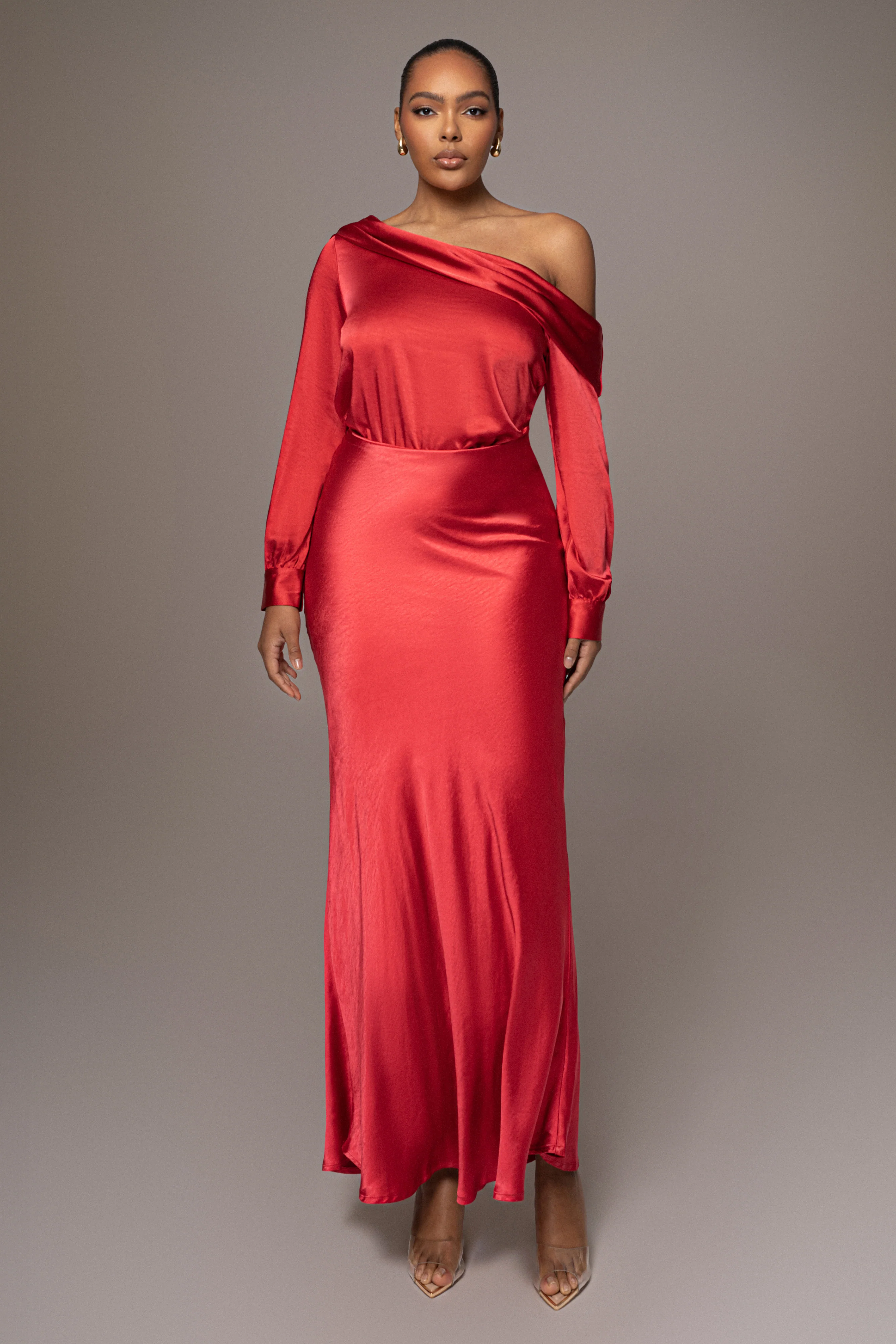 Red Satin Rima Asymmetrical Bodysuit - Image 3