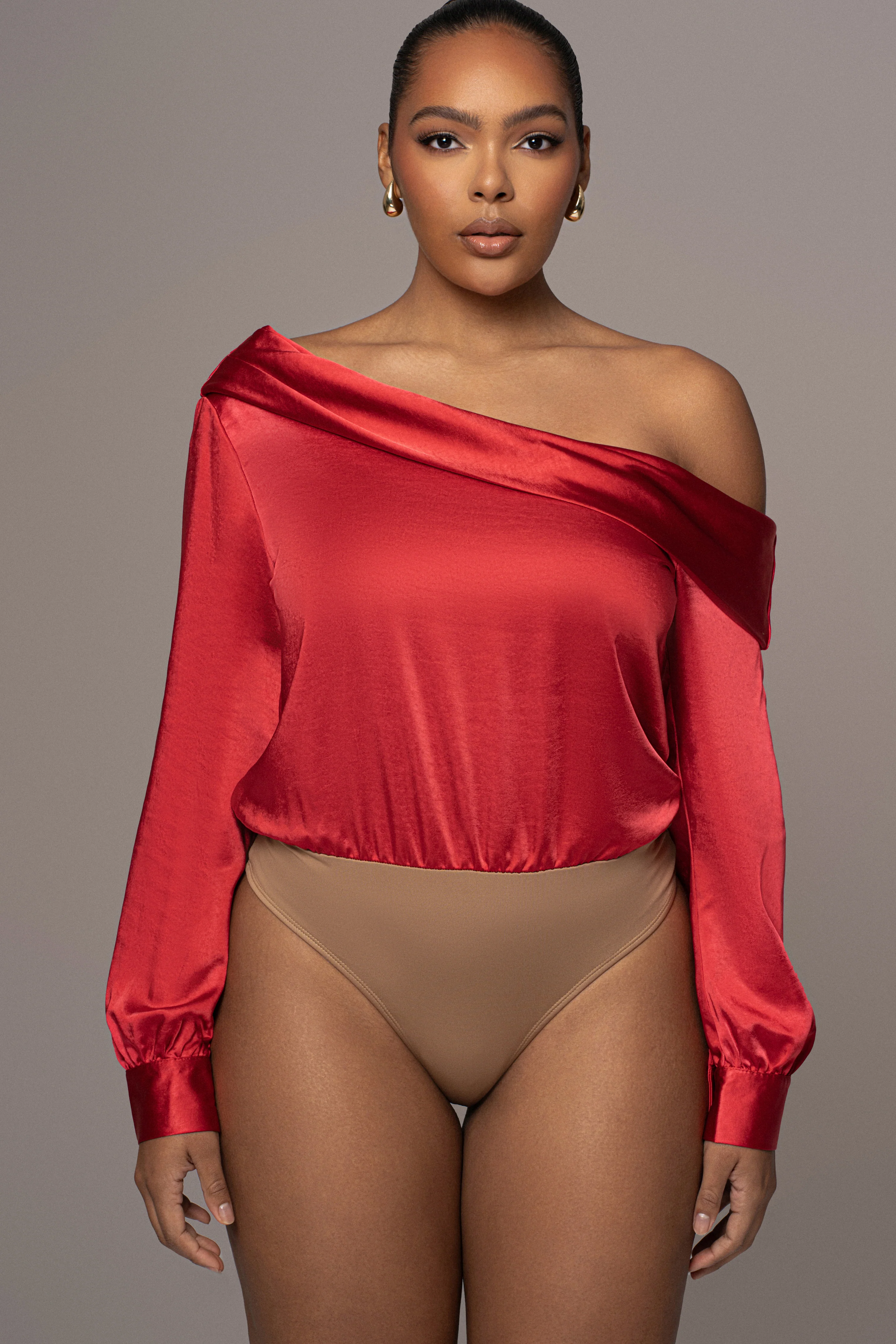 Red Satin Rima Asymmetrical Bodysuit - Image 4