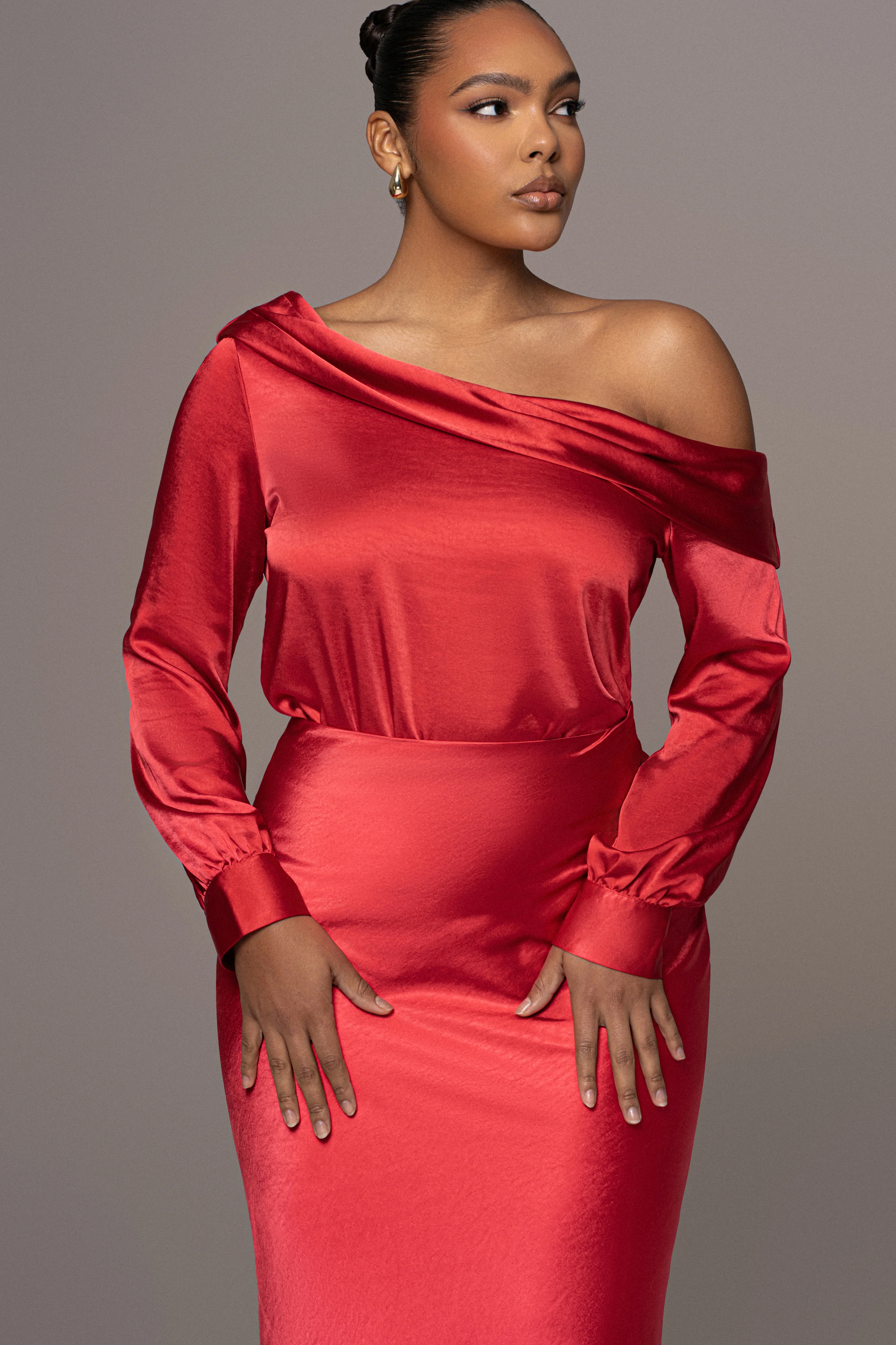 Red Satin Rima Asymmetrical Bodysuit - Image 6