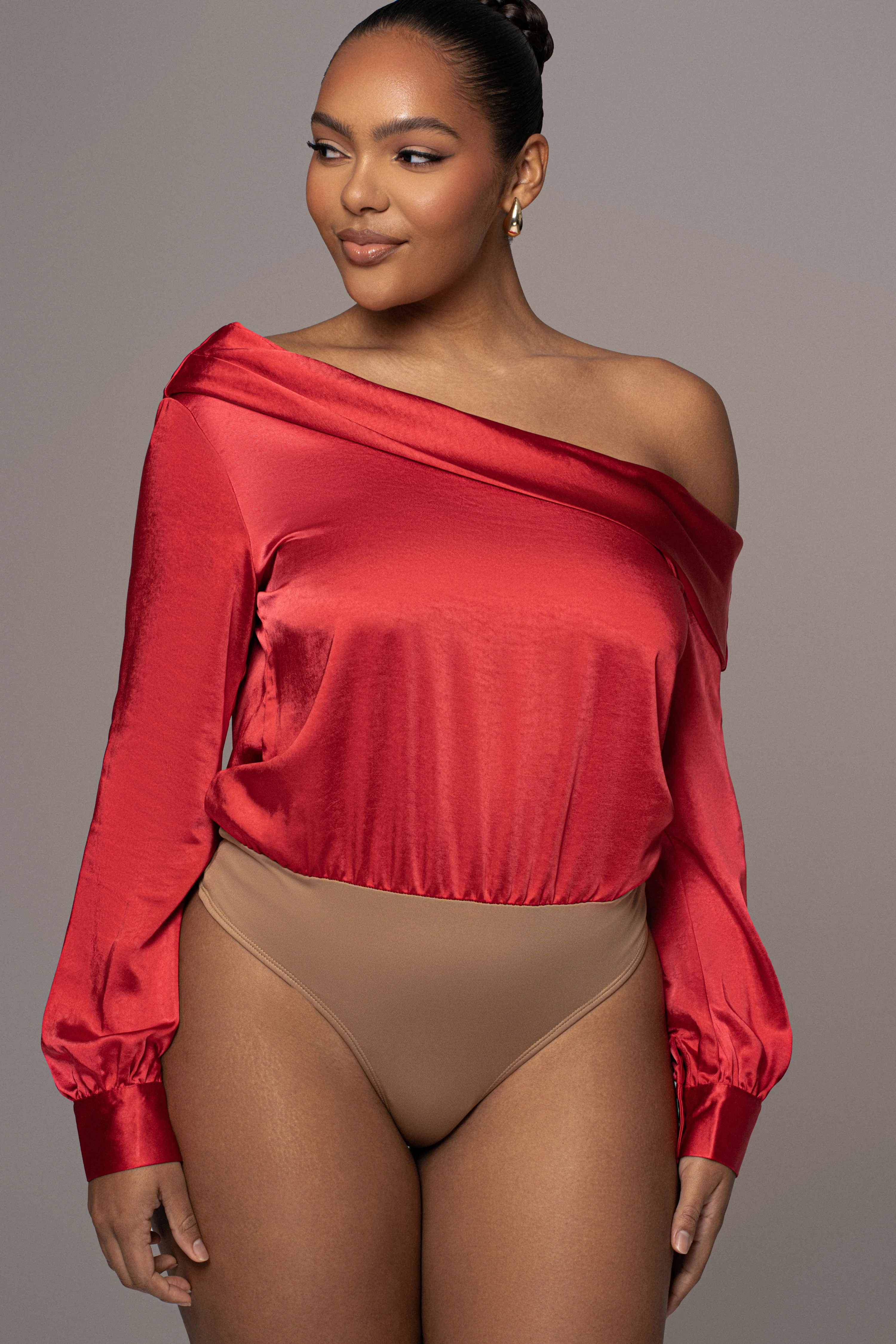 Red Satin Rima Asymmetrical Bodysuit - Image 7