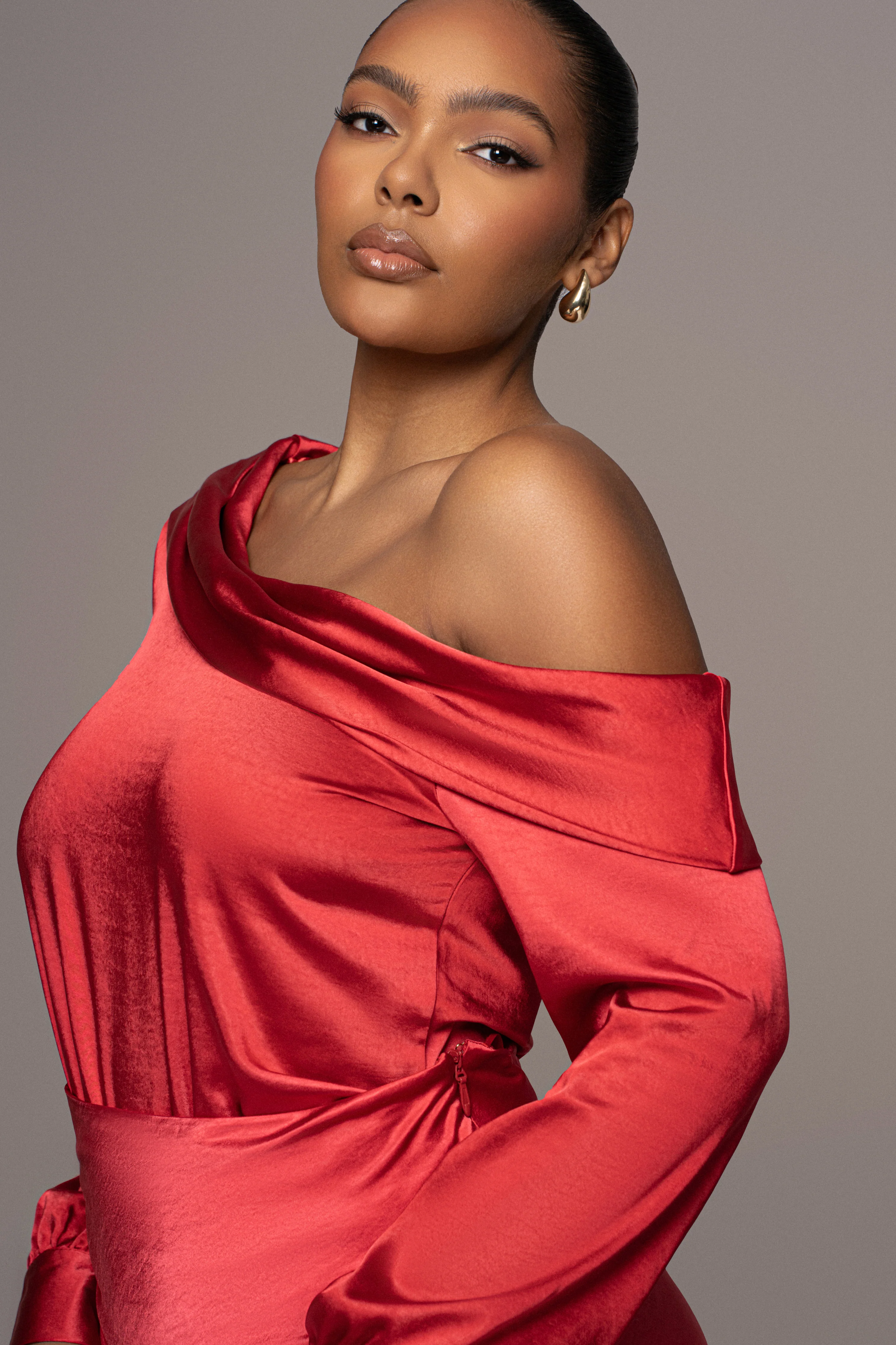 Red Satin Rima Asymmetrical Bodysuit - Image 9