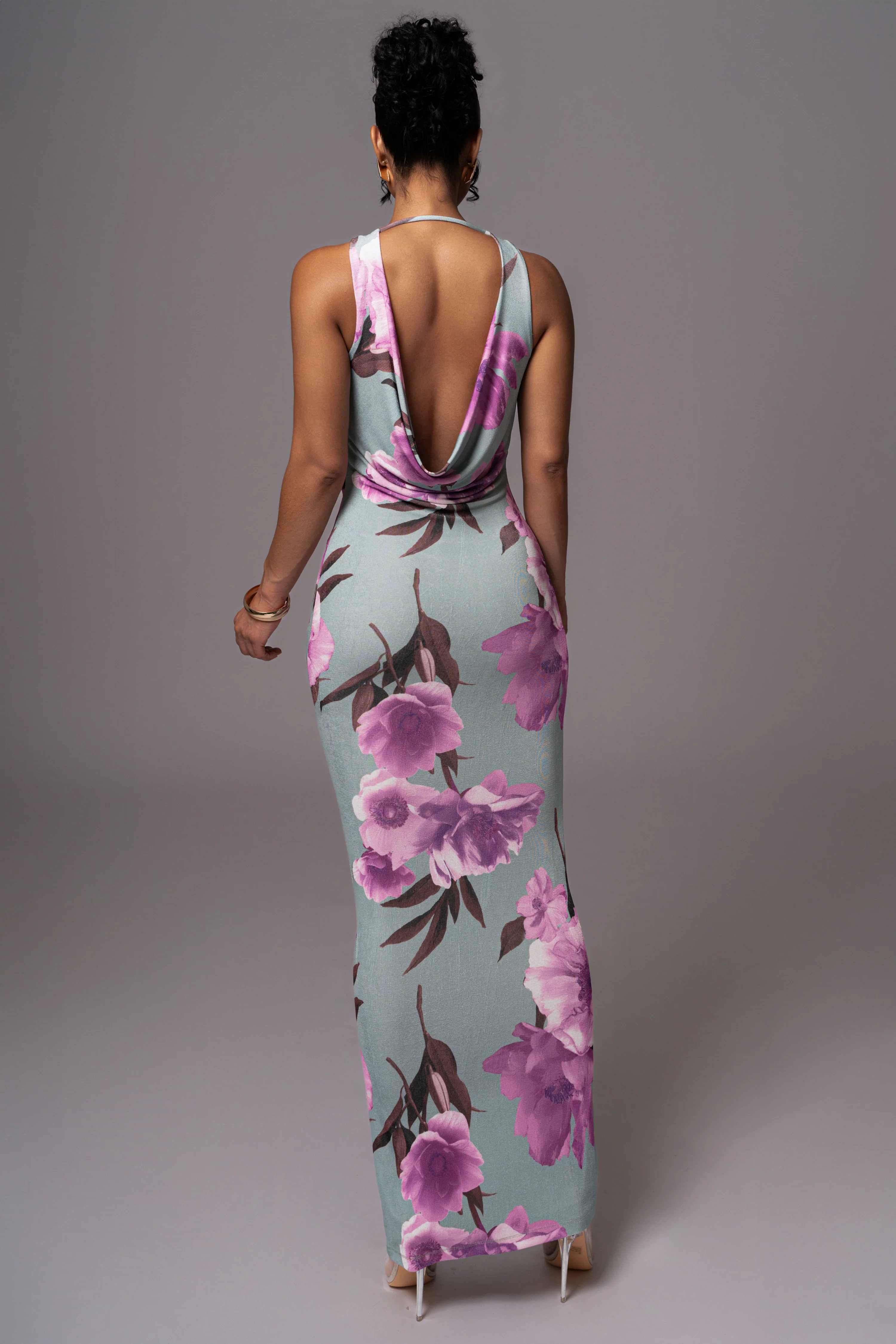 Sage Floral Slinky Highlights Cowl Neck Maxi Dress - Image 2