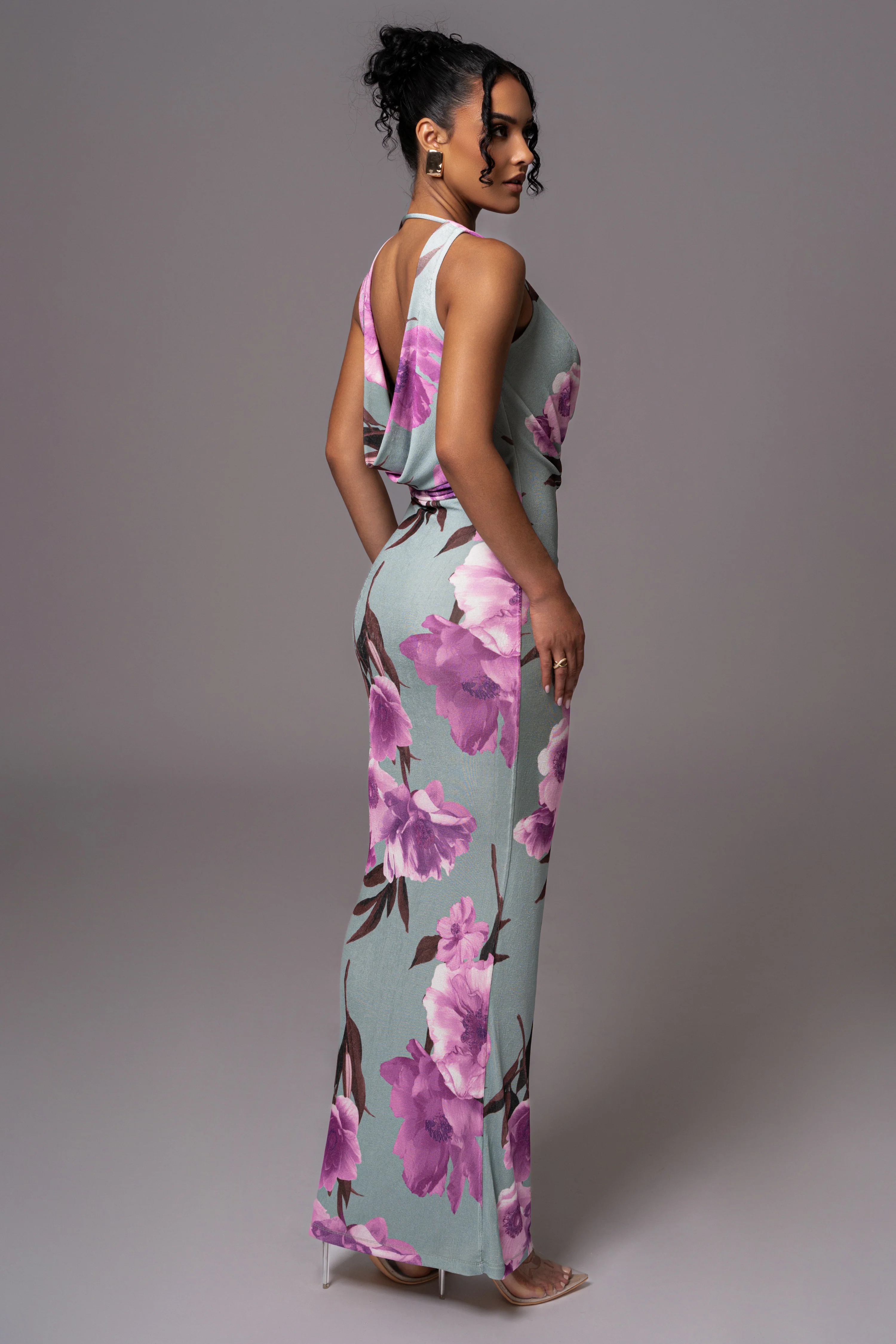 Sage Floral Slinky Highlights Cowl Neck Maxi Dress - Image 3
