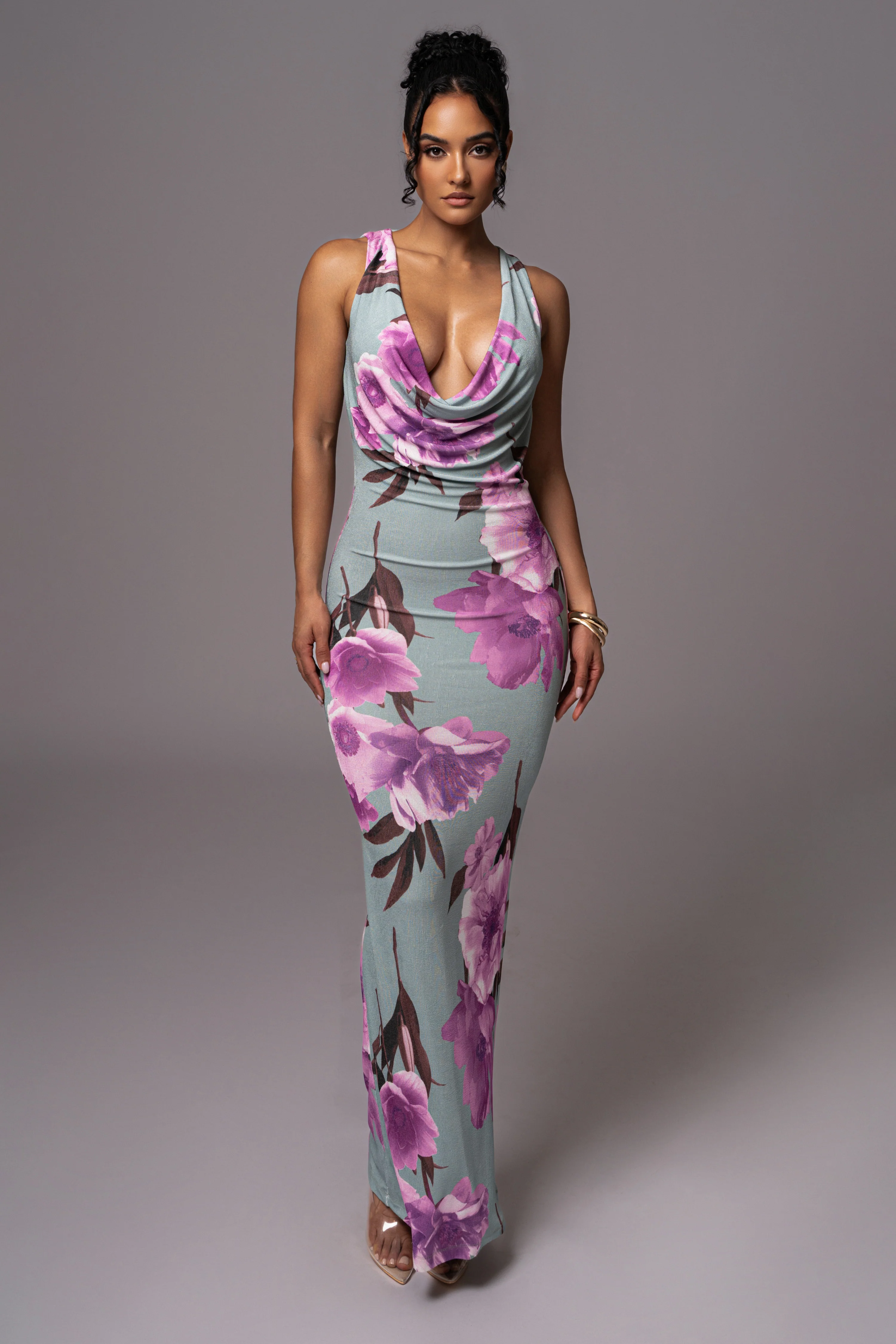 Sage Floral Slinky Highlights Cowl Neck Maxi Dress - Image 4