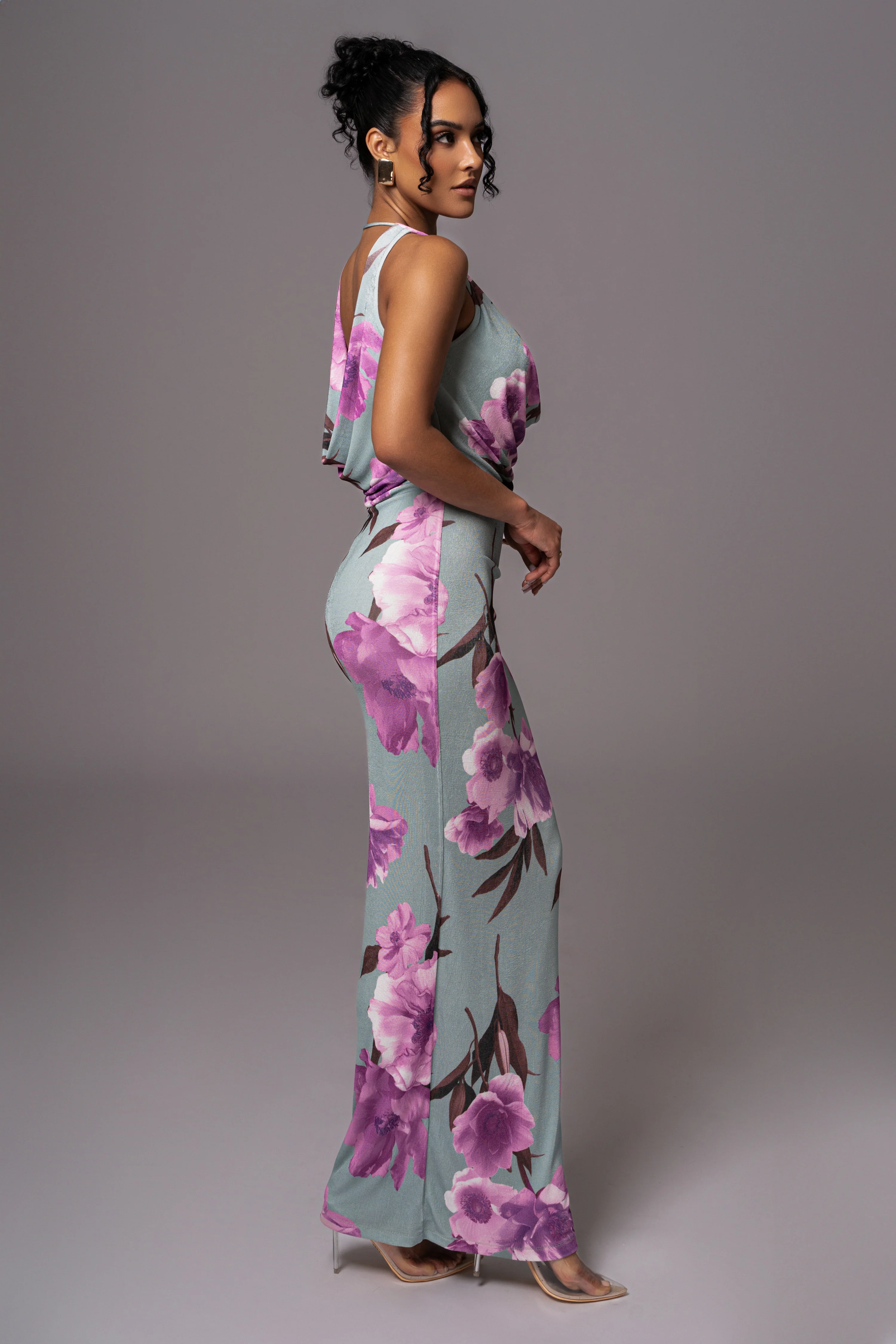 Sage Floral Slinky Highlights Cowl Neck Maxi Dress - Image 5