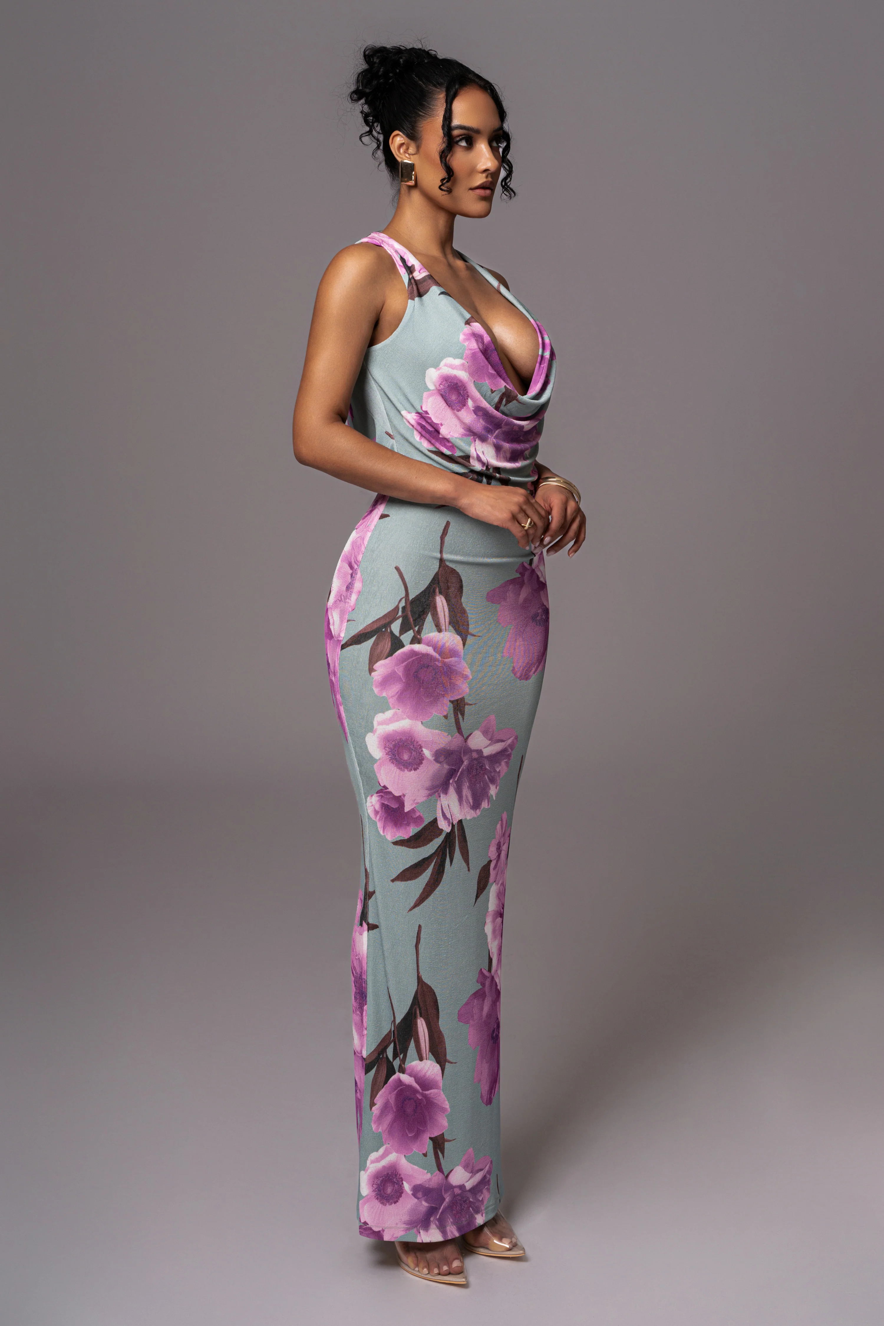 Sage Floral Slinky Highlights Cowl Neck Maxi Dress - Image 7