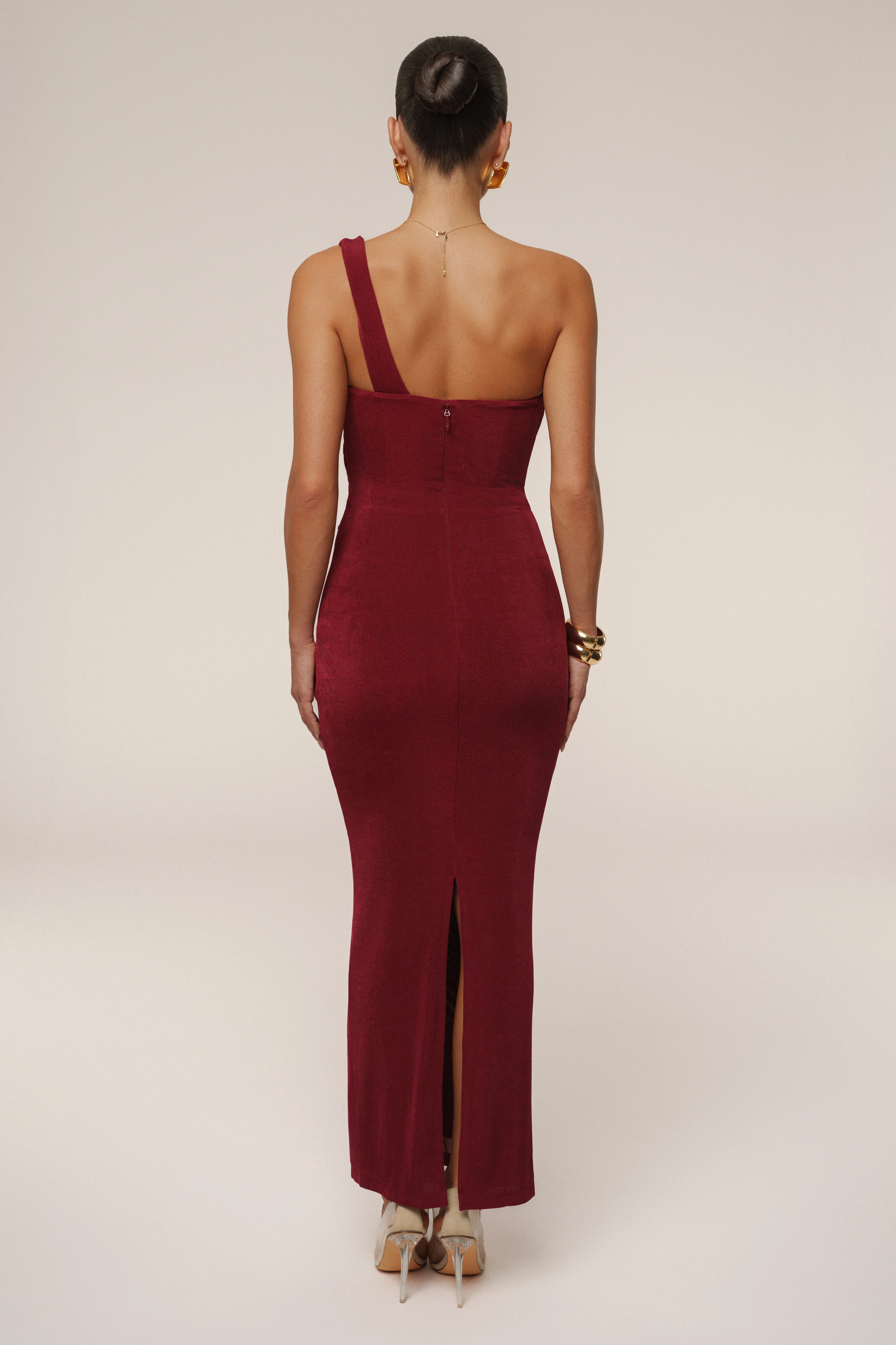 Burgundy Slinky Krishna One Shoulder Maxi Dress - Image 10