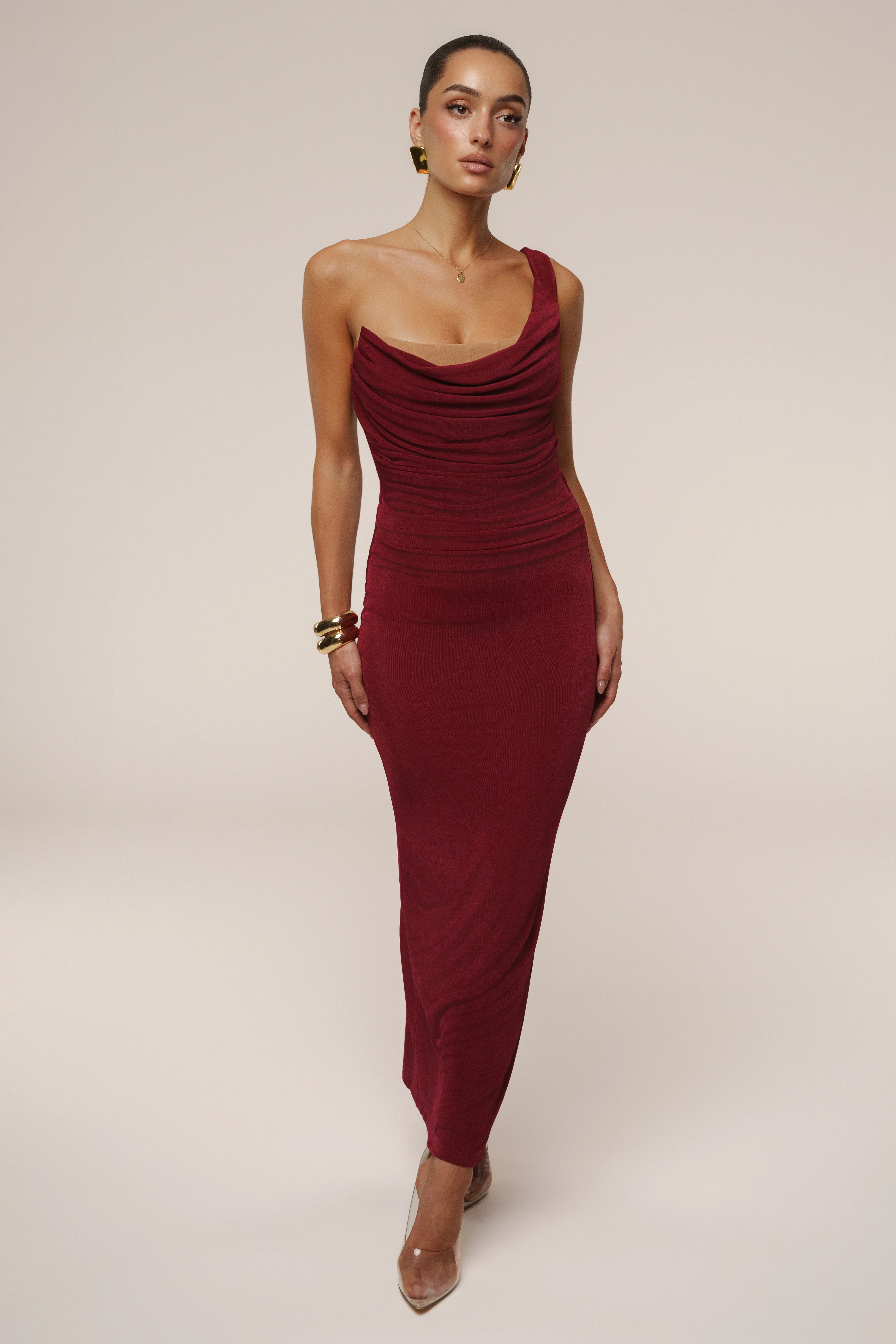 Burgundy Slinky Krishna One Shoulder Maxi Dress - Image 3