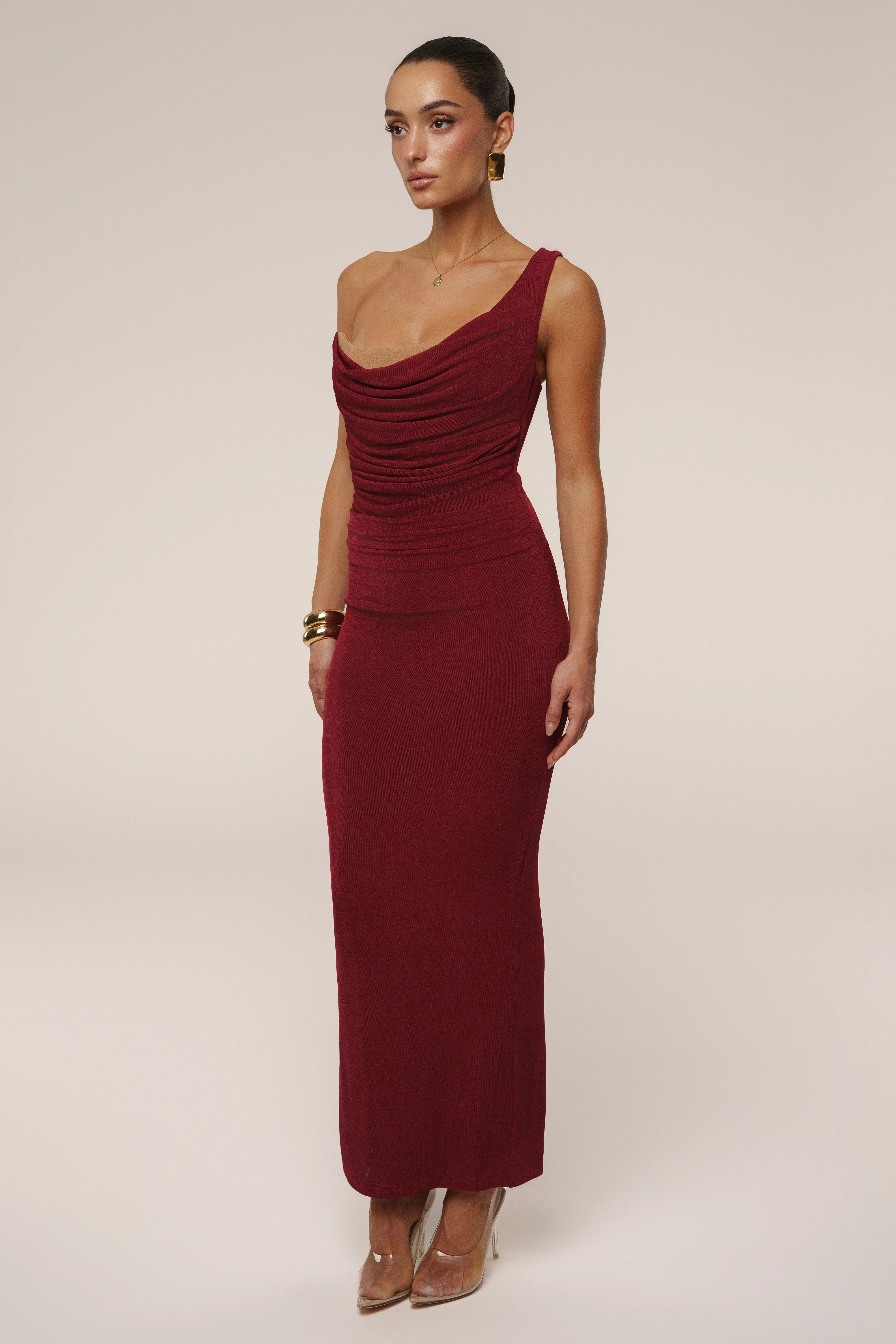 Burgundy Slinky Krishna One Shoulder Maxi Dress - Image 8