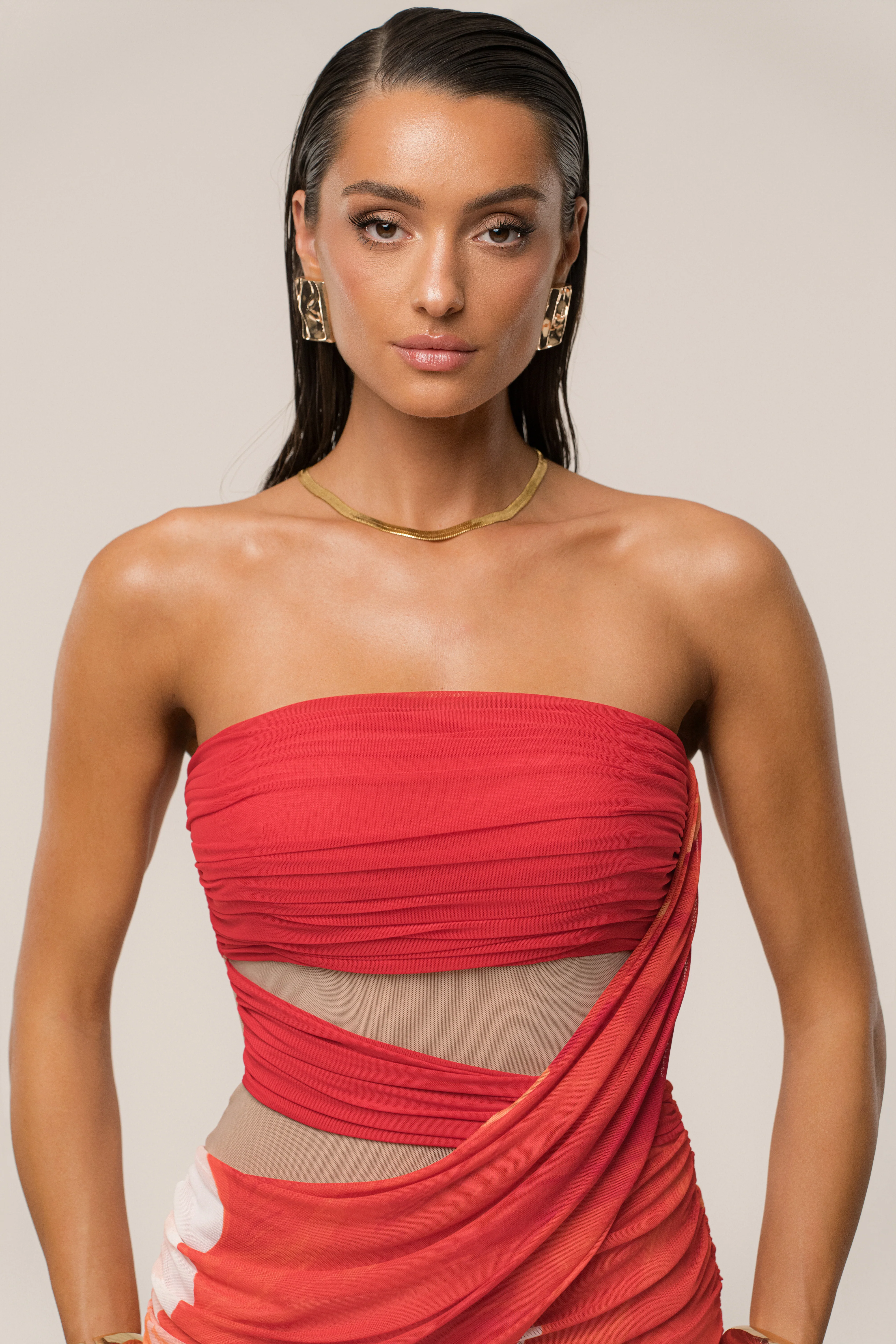 Sunset Red Timeless Form Ruched Midi Dress - Image 6