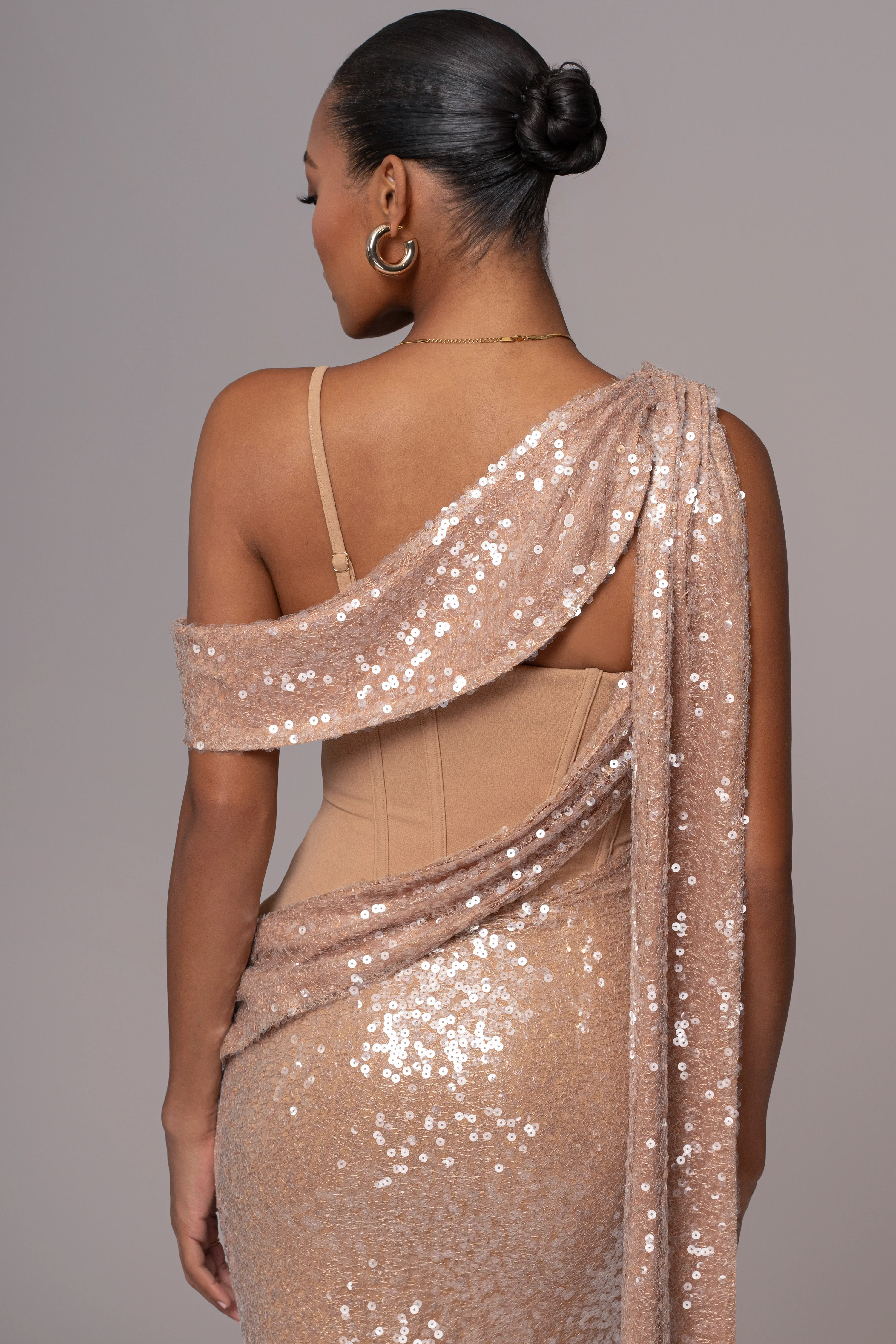 Tan Amani Draped Sequin Maxi Dress - Image 15