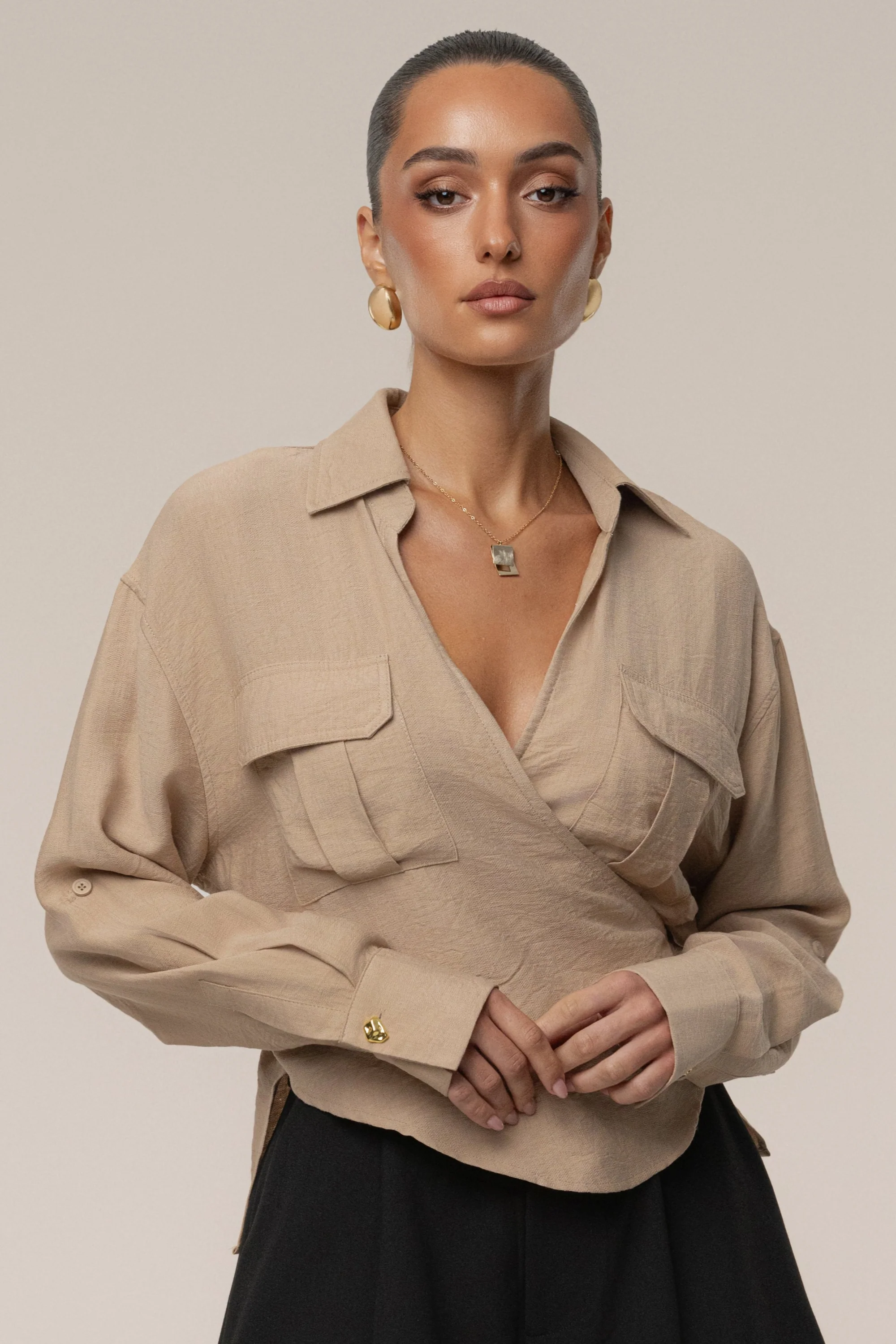 Tan Drift Collared Cargo Top - Image 4