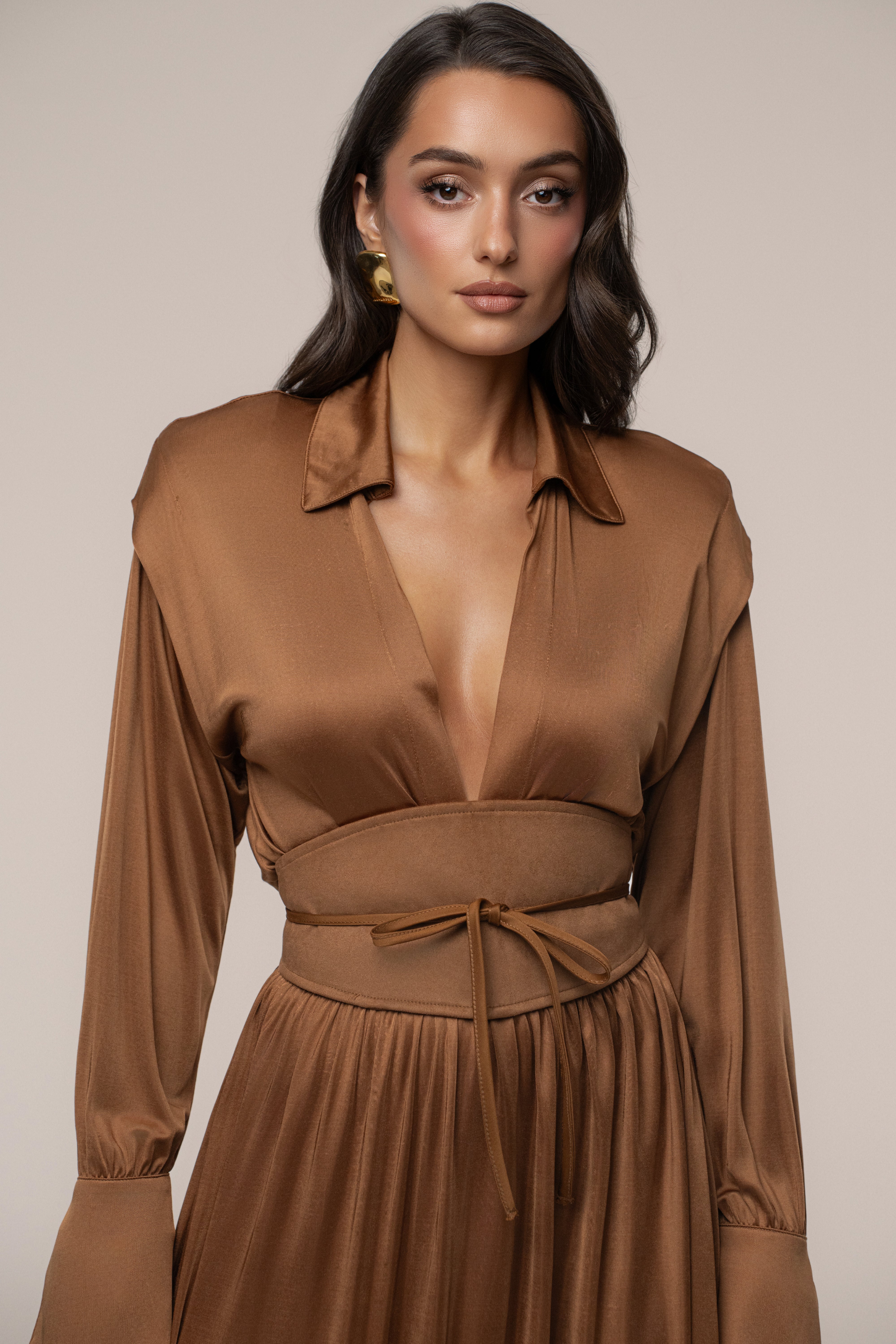 Tan High Line Collar Maxi Dress - Image 2