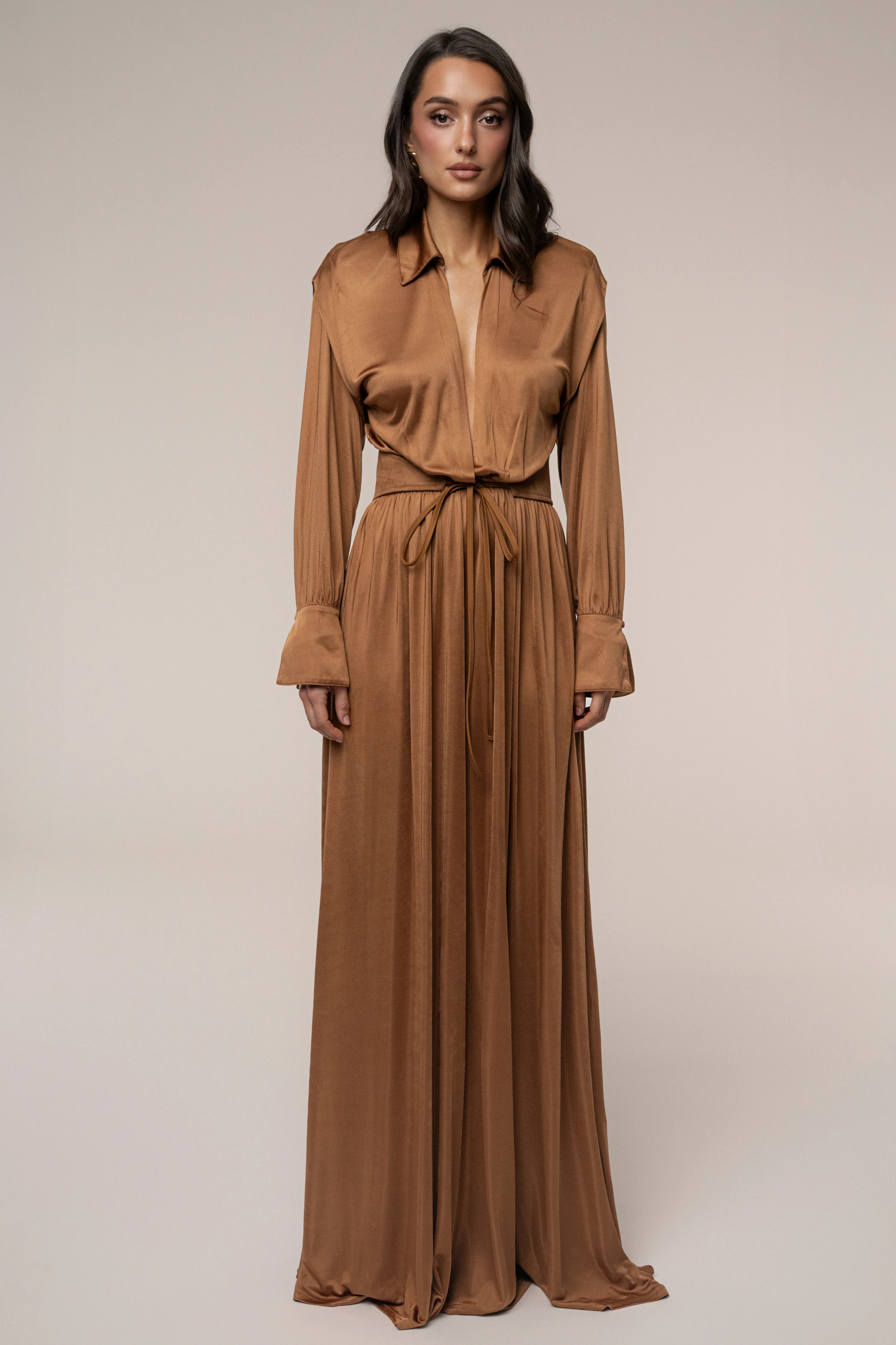 Tan High Line Collar Maxi Dress - Image 3