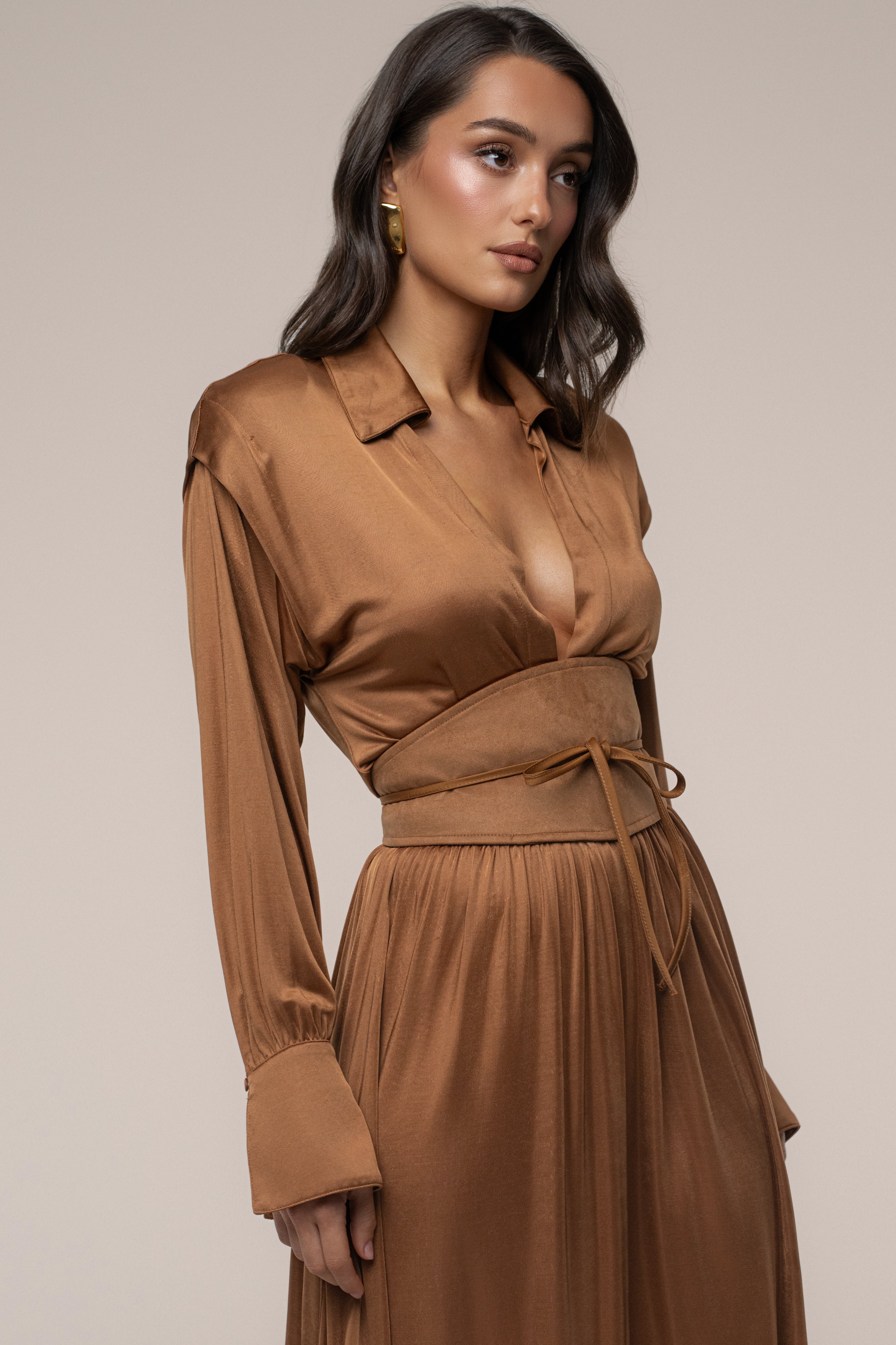 Tan High Line Collar Maxi Dress - Image 4