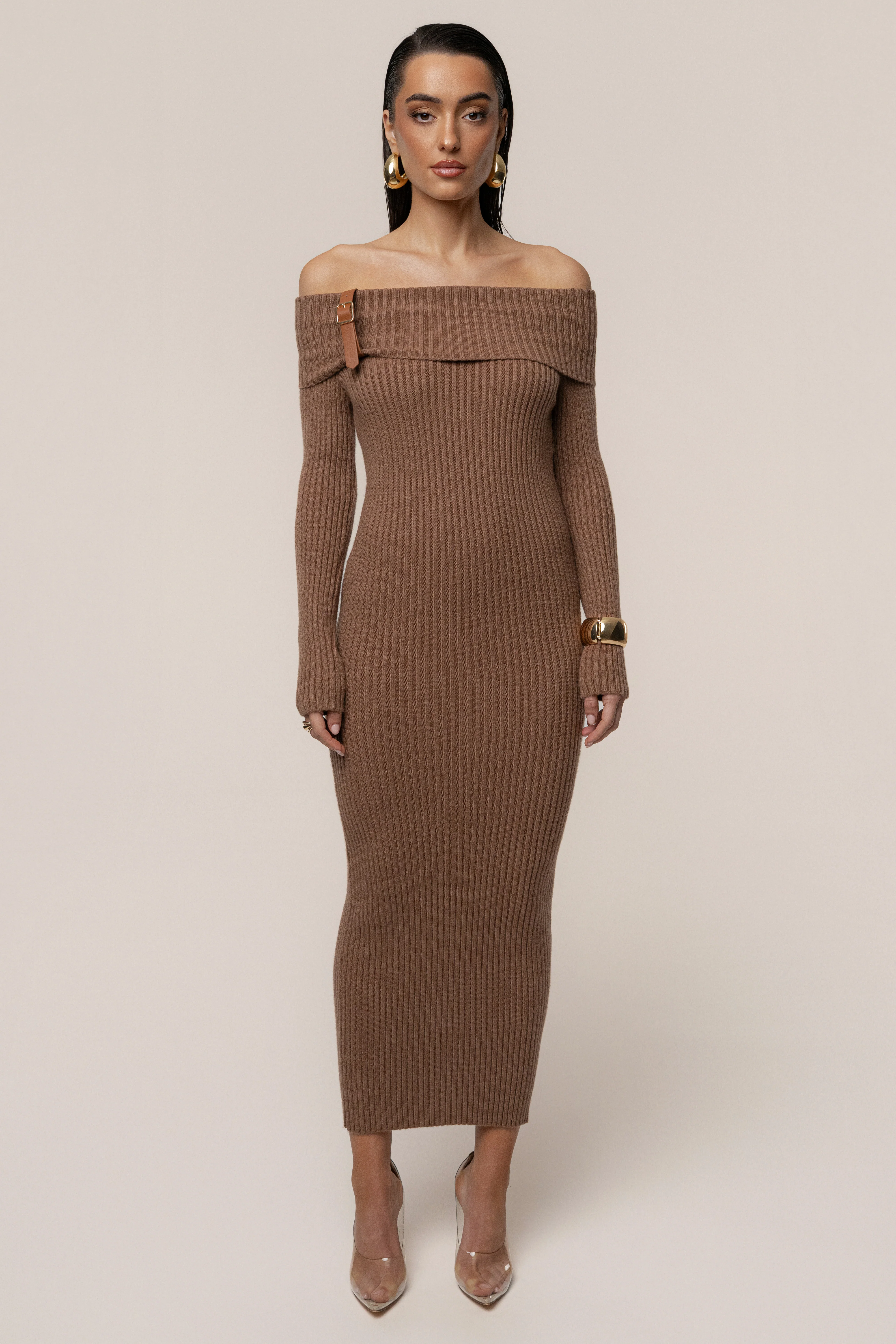 Tan Kira Ribbed Midi Dress - Image 3