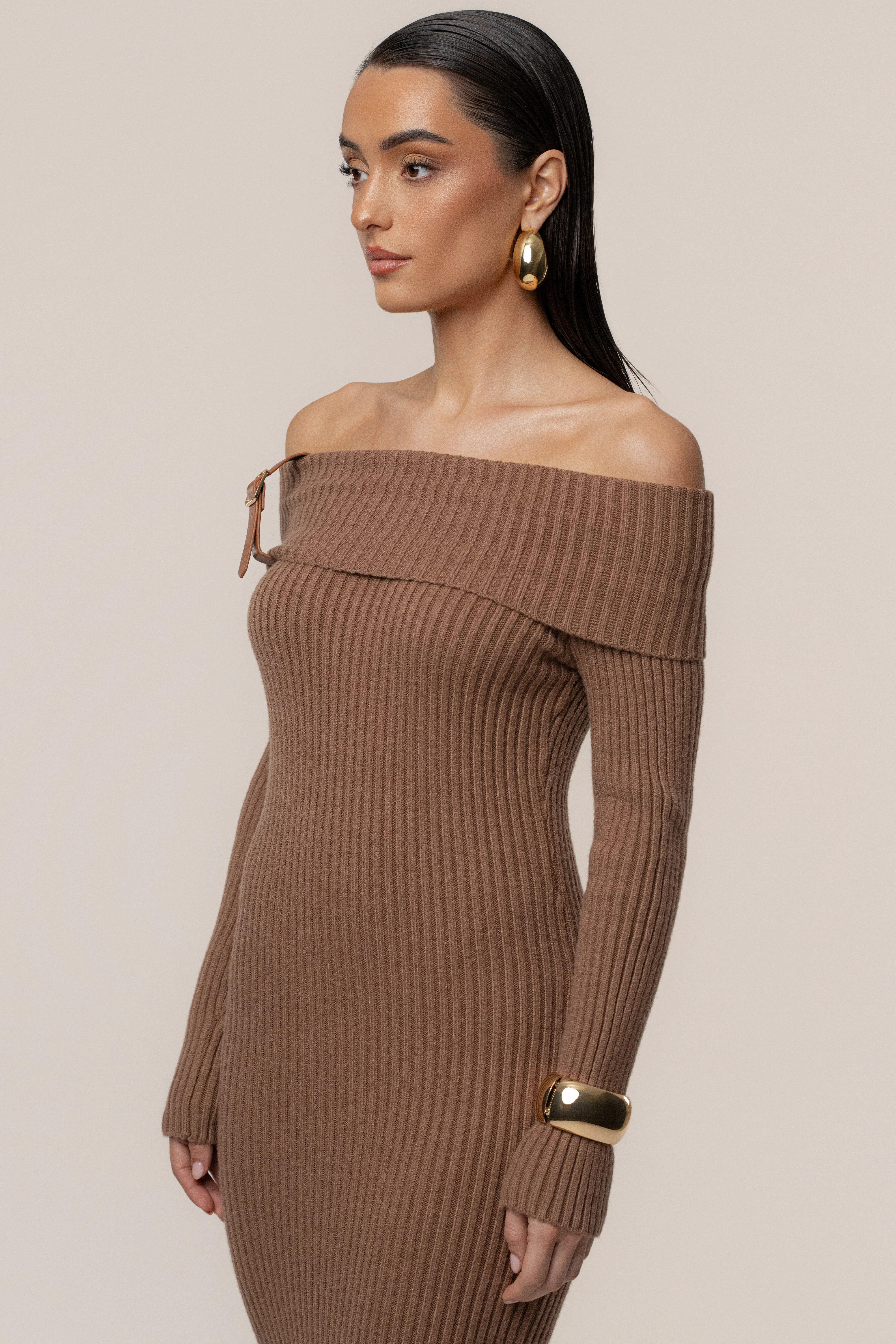 Tan Kira Ribbed Midi Dress - Image 4