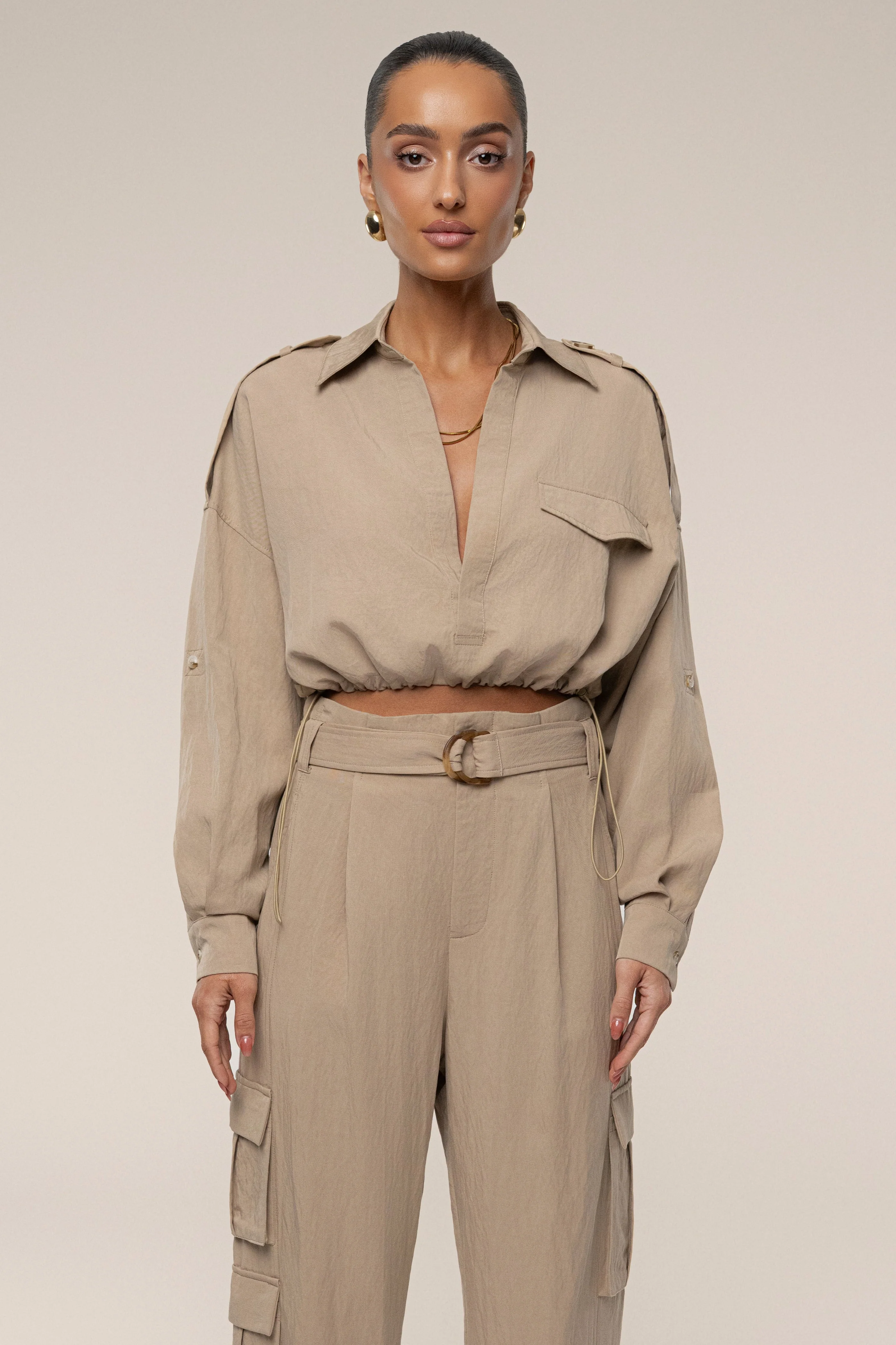 Tan Oasis Collared Crop Top - Image 3